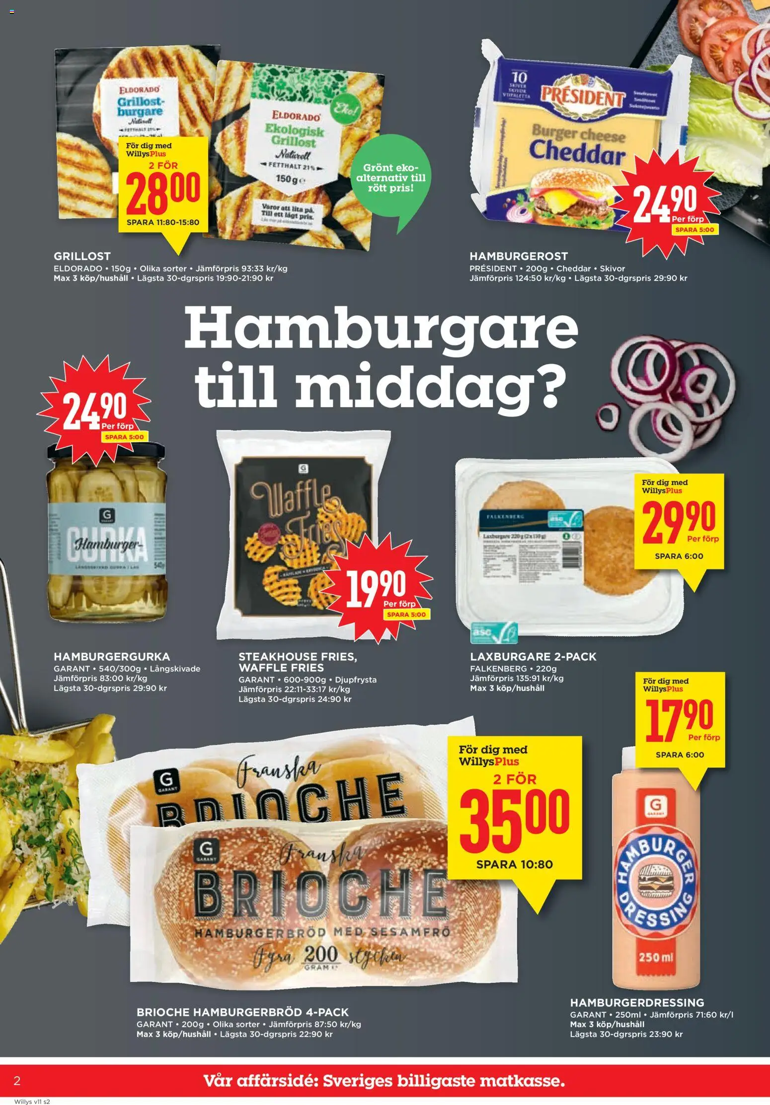 Willys reklamblad aktuell från 09.03.2026 | Sida: 2 | Produkter: Hamburgare, Grillost, Cheddar, Hamburgerdressing