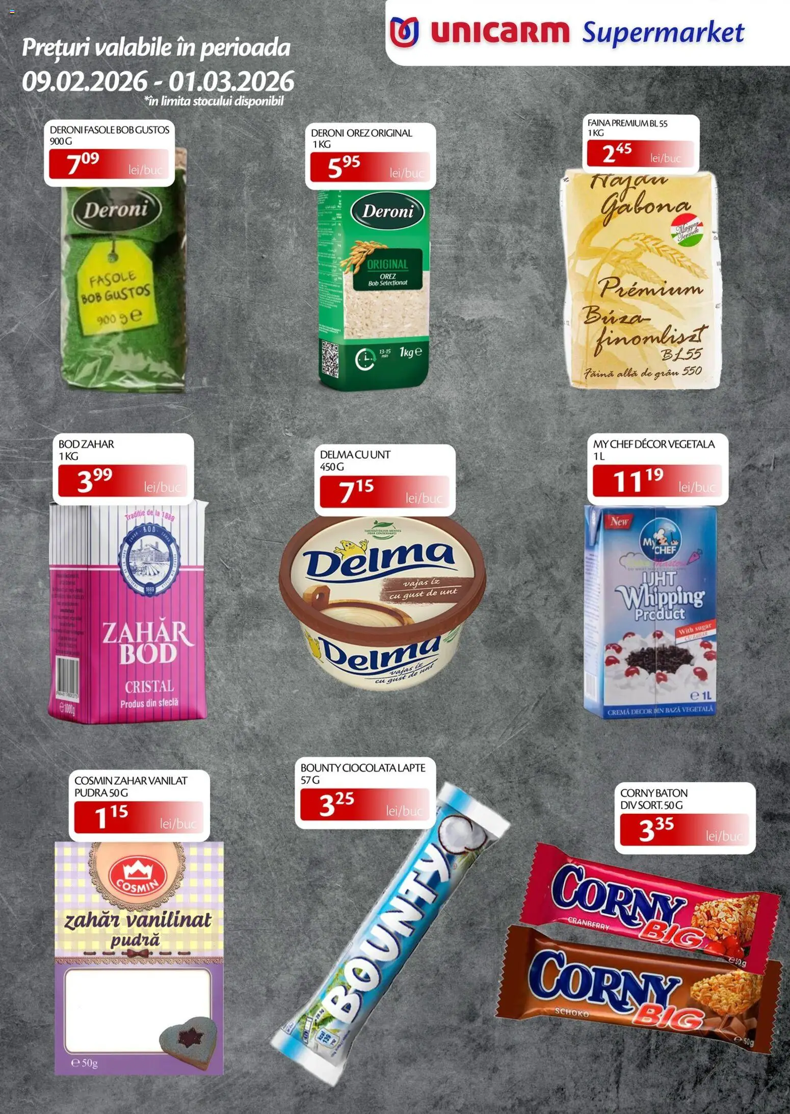 Noul catalog Unicarm – valabil de la 09.02.2026 | Pagină: 4 | Produse: Lapte, Cremă, Ciocolată, Zahăr