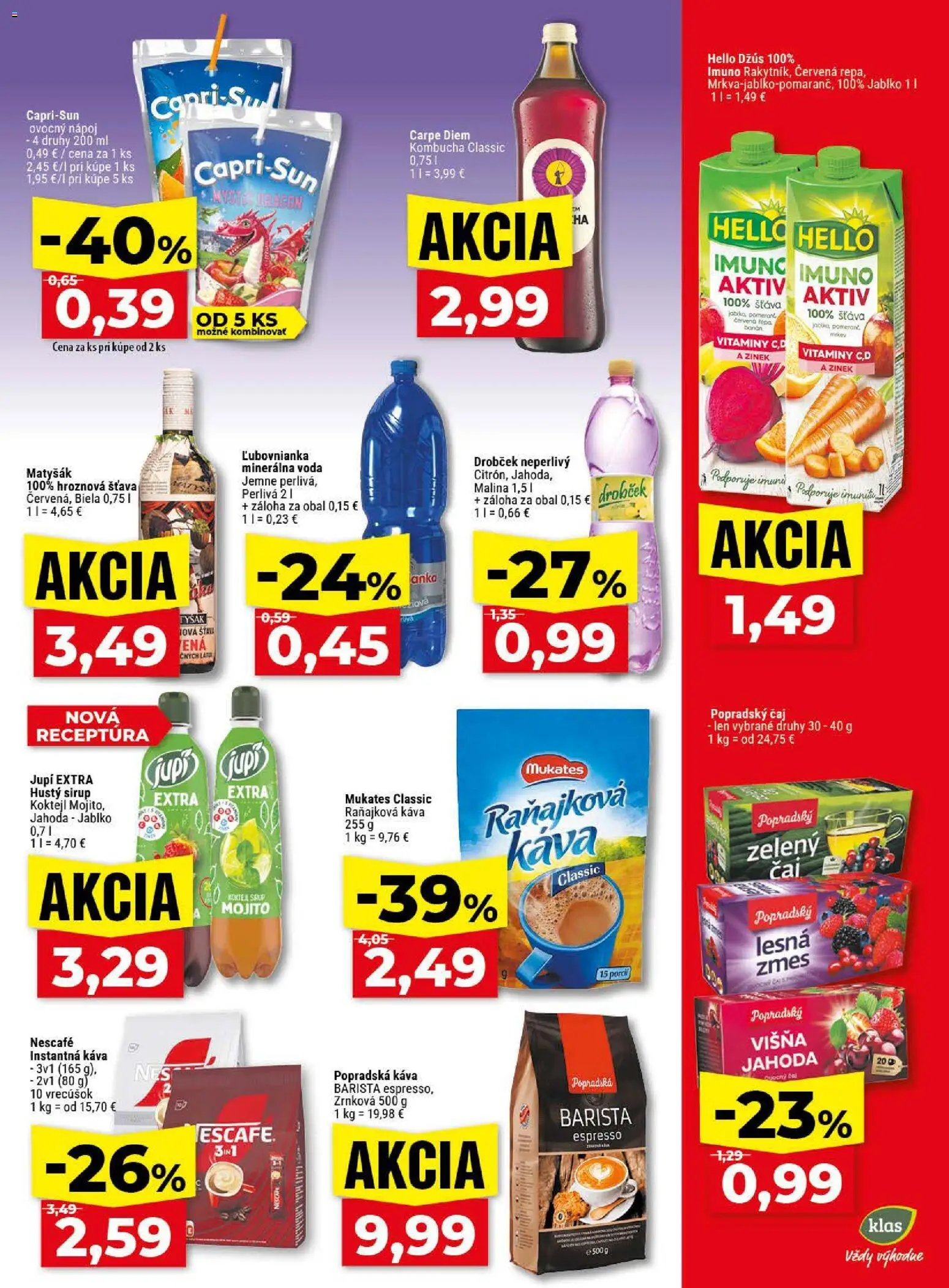 Nové Klas akcie – leták je platný od 20.04.2026 | Strana: 24 | Produkty: Popradská káva, Džús, Barista, Čaj