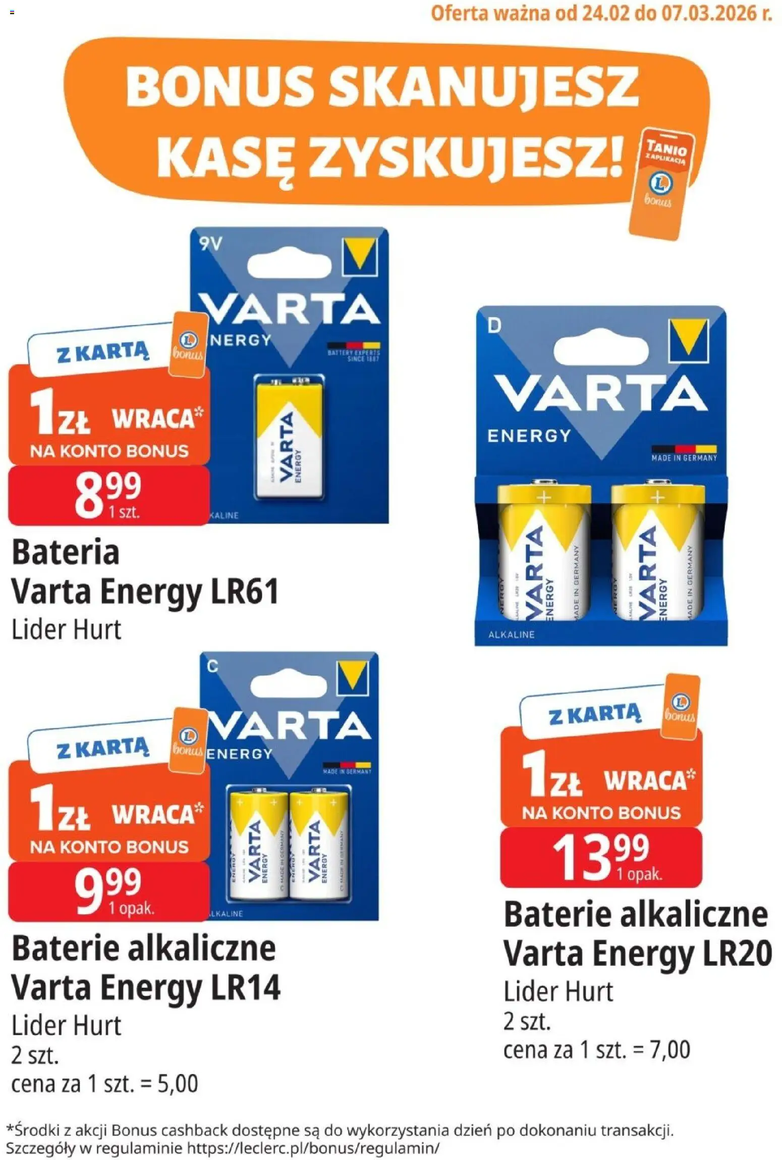 E.Leclerc Gazetka - Kupony dodatkowe od 24.02.2026 | Strona: 1 | Produkty: Karta, Baterie, Bateria