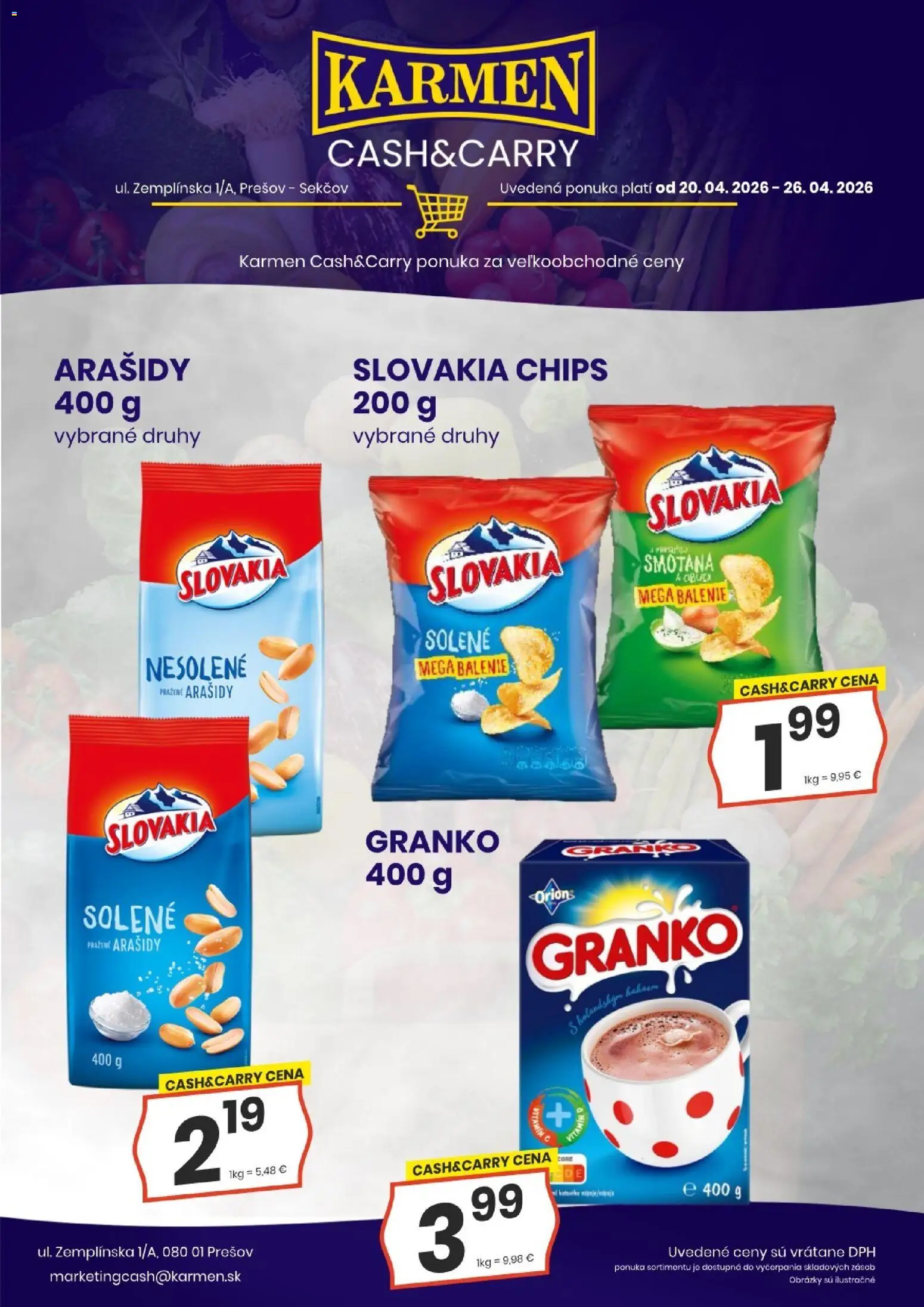 Nové KARMEN CBA akcie – leták je platný od 20.04.2026 | Strana: 3 | Produkty: Smotana, Arašidy, Granko