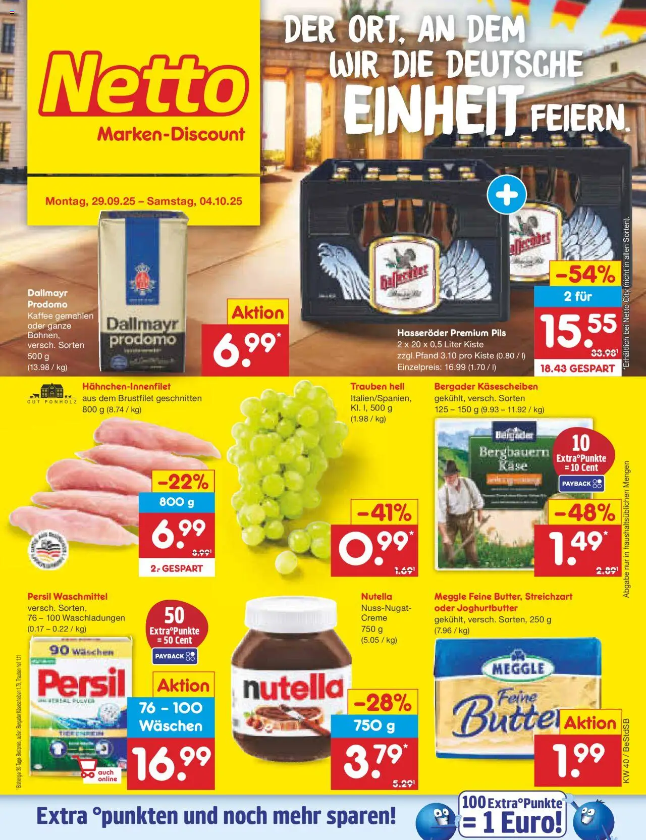 Netto Marken-Discount Prospekt 	 – gültig ab 29.09.2025 | Seite: 1 | Produkte: Trauben, Kaffee, Waschmittel, Hasseröder