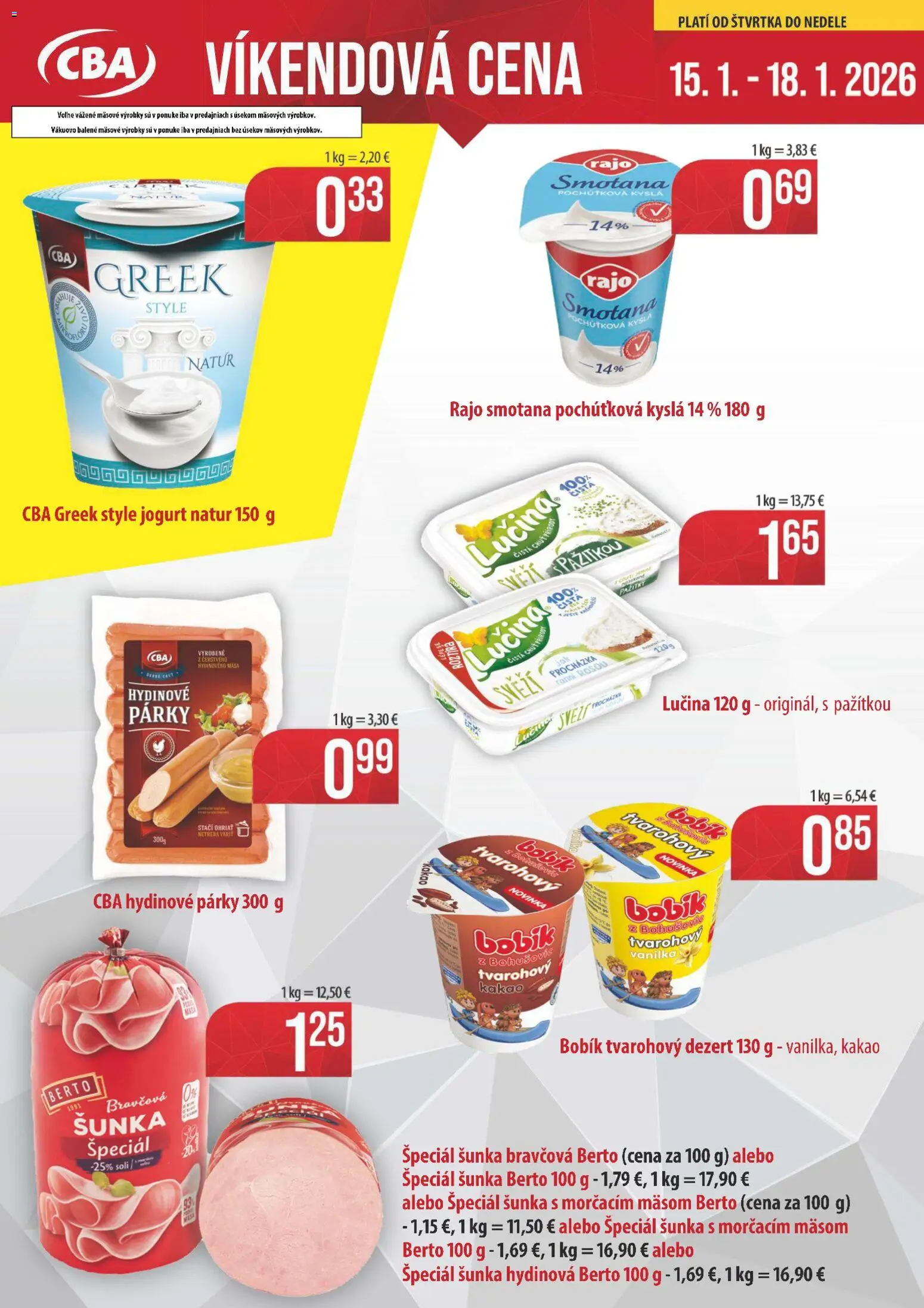 Nové Nitrazdroj akcie – leták je platný od 15.01.2026 | Strana: 1 | Produkty: Jogurt, Šunka, Párky, Kakao