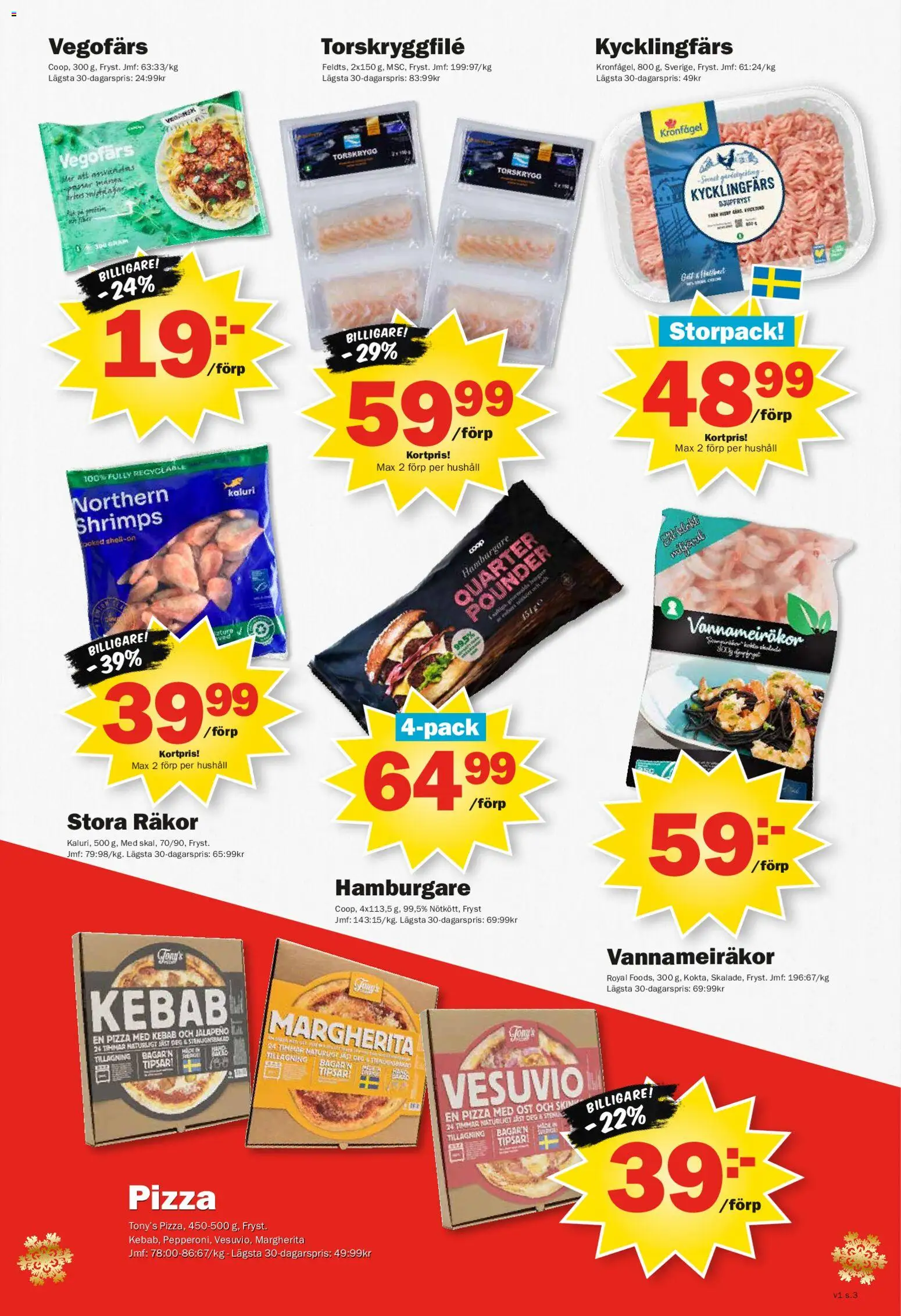 Pekås reklamblad aktuell från 29.12.2025 | Sida: 3 | Produkter: Hamburgare, Räkor, Vegofärs, Ost