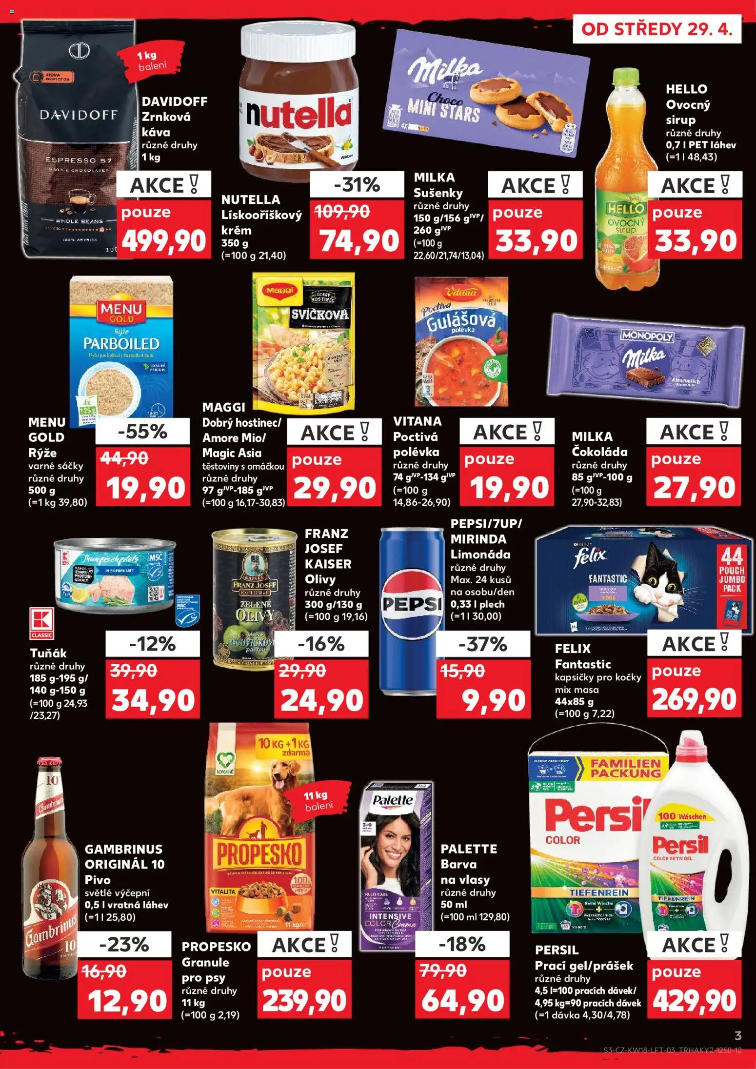 Kaufland leták - Plzeň Bory od 29.04.2026 | Strana: 3 | Produkty: Felix fantastic, Čokoláda, Granule pro psy, Těstoviny