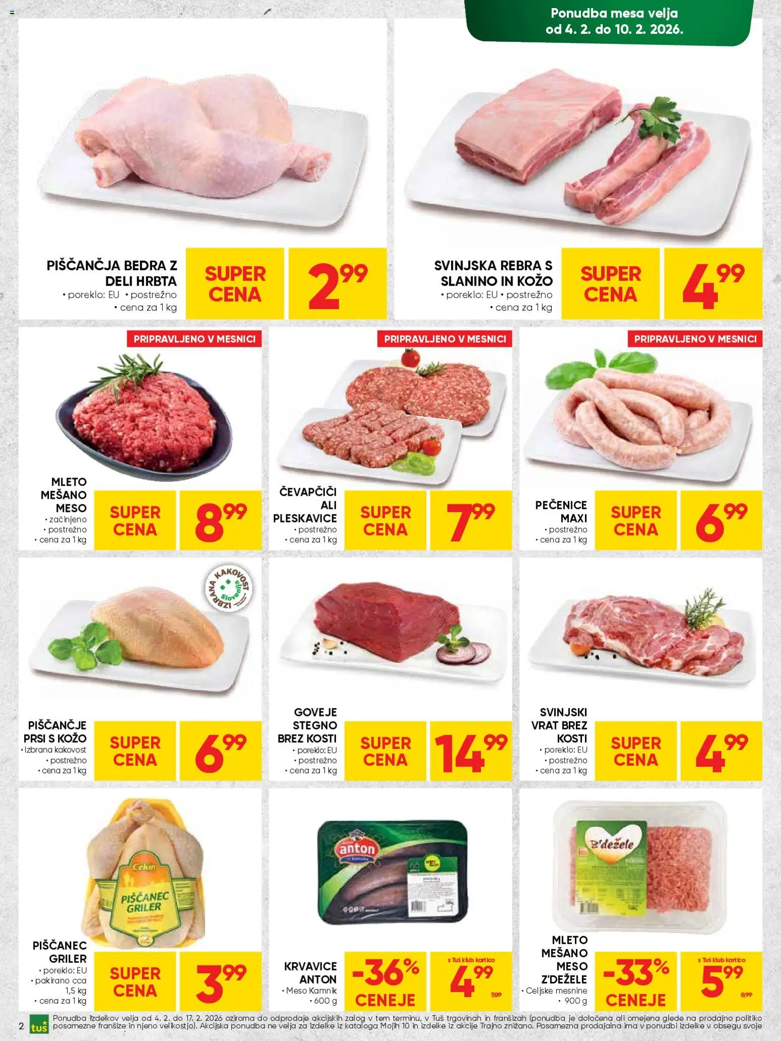 Novi Tuš katalog ponudbe – veljaven od 04.02.2026 | Stran: 2 | Izdelki: Čevapčiči, Piščančja bedra, Pleskavice