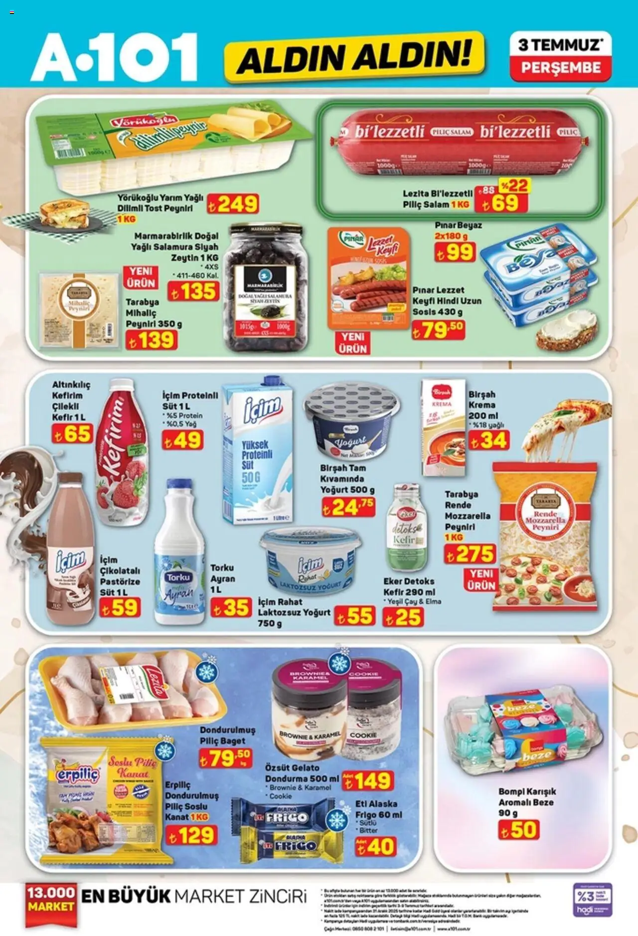A101 Katalog Aldın Aldın - 03.07.2025 tarihinden itibaren geçerlidir | Sayfa: 1 | Ürünler: Peynir, Rende, Yağ, Dondurma