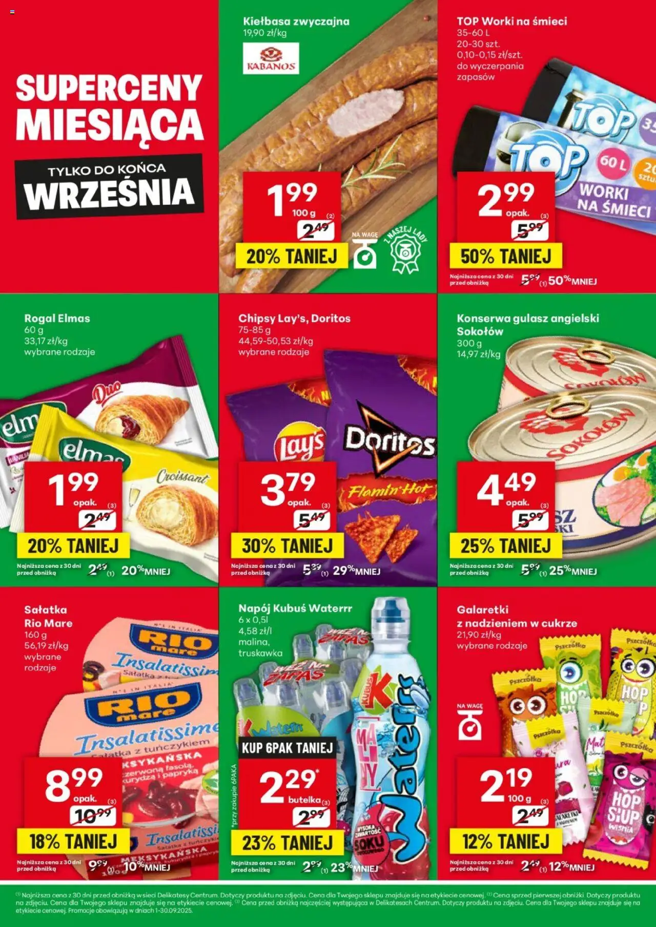 Delikatesy Centrum Gazetka - Superceny Miesiąca od 01.09.2025 | Strona: 2 | Produkty: Kiełbasa, Top, Chipsy, Galaretki