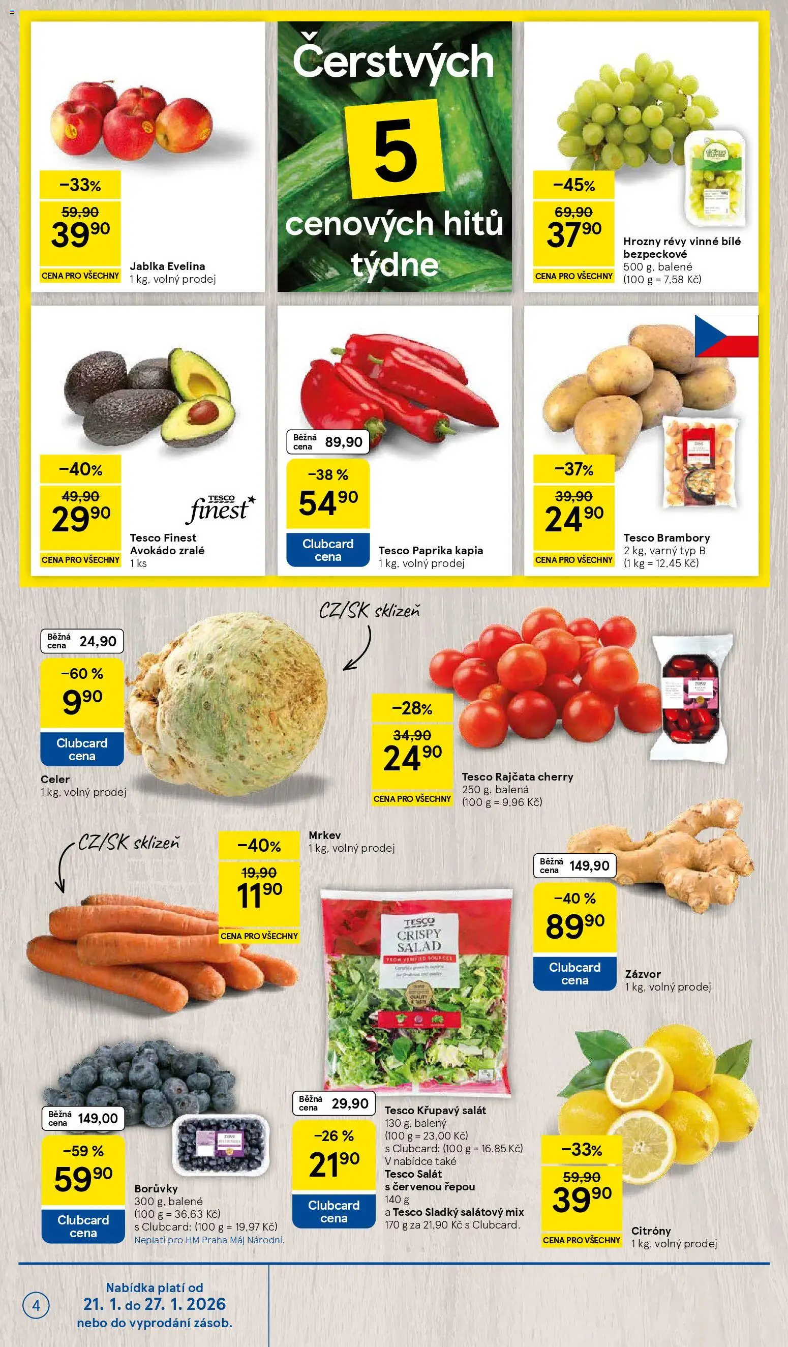 Tesco leták - Hypermarket od 21.01.2026 | Strana: 4 | Produkty: Mrkev, Salát, Paprika, Brambory
