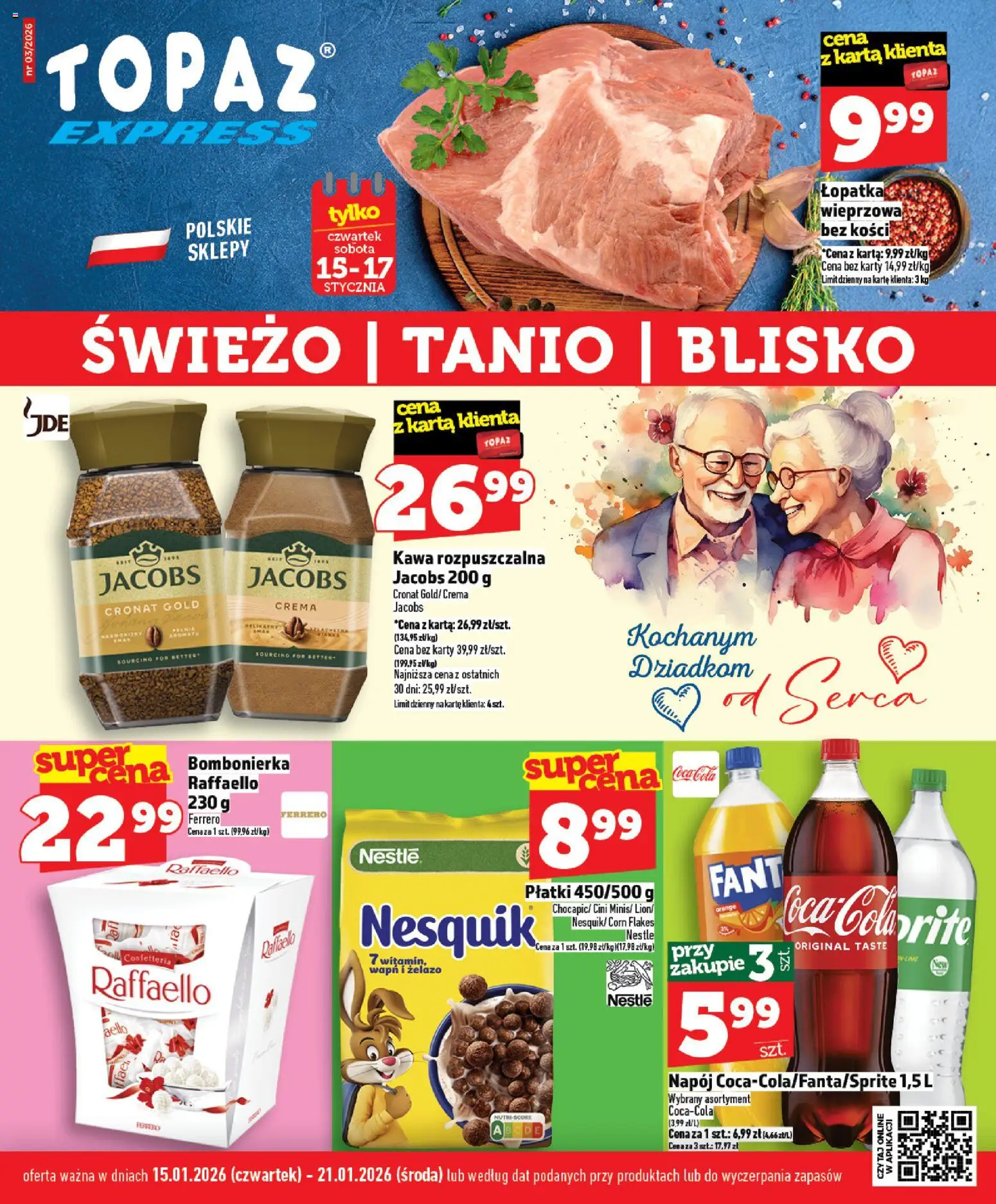 Topaz Gazetka - Express od 15.01.2026 | Strona: 1 | Produkty: Żelazo, Kawa rozpuszczalna, Płatki, Corn Flakes