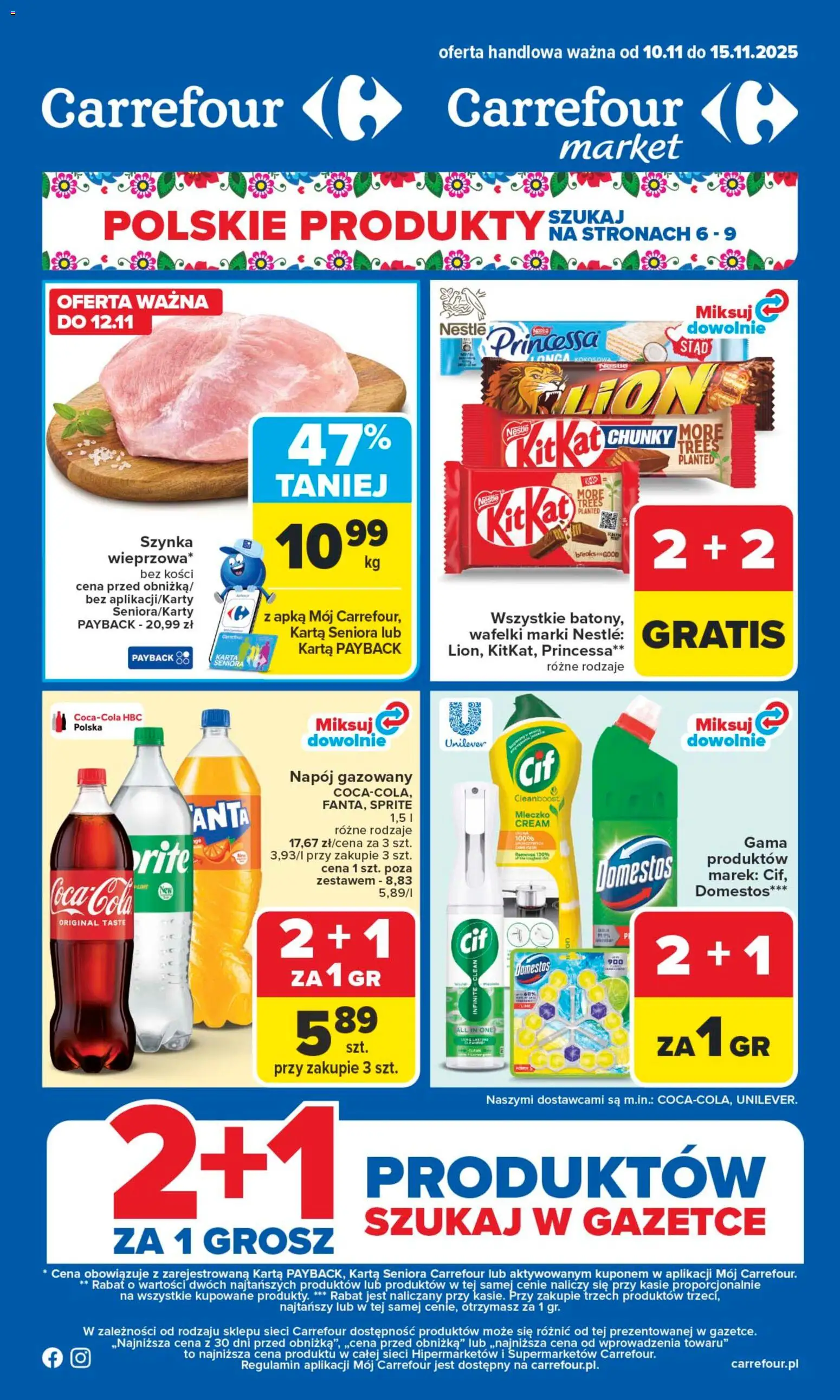 Carrefour Gazetka od 10.11.2025 | Strona: 1 | Produkty: Karta, Szynka, Domestos, Wafelki
