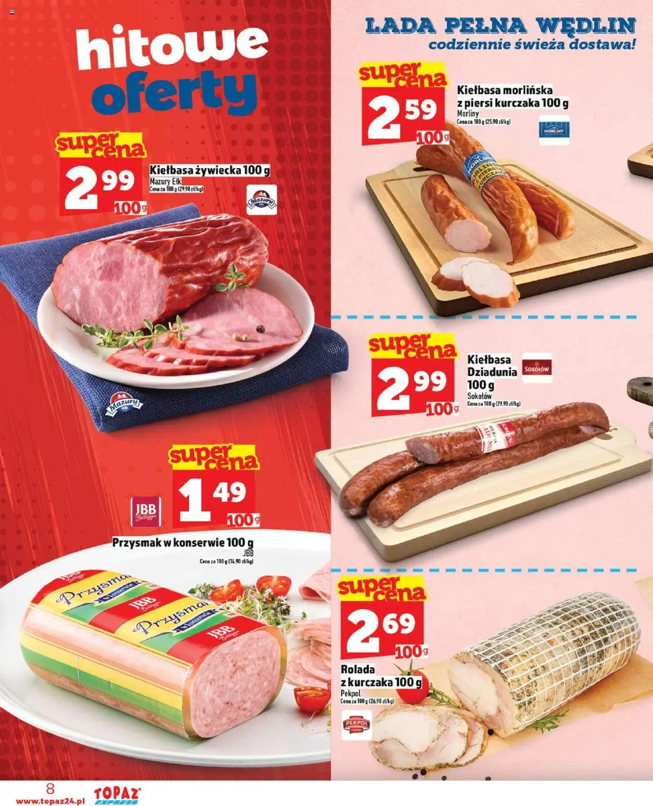 Topaz Gazetka - Express od 18.09.2025 | Strona: 8 | Produkty: Kiełbasa, Piersi, Rolada