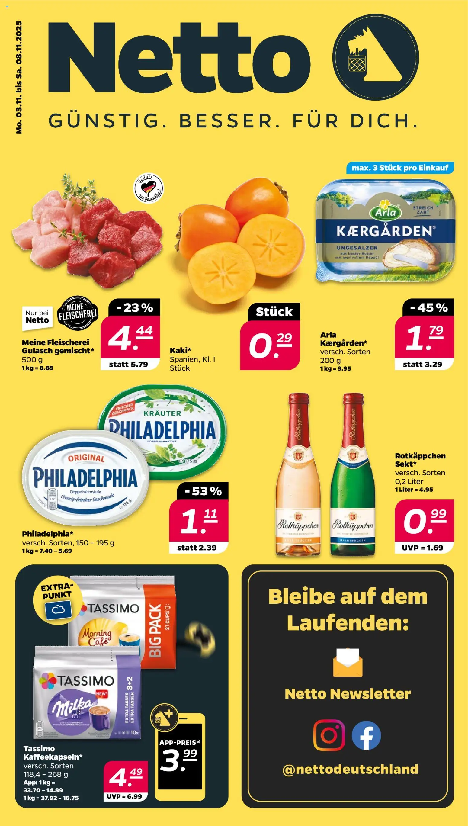Netto Prospekt 	 – gültig ab 02.11.2025 | Seite: 1 | Produkte: Butter, Rapsöl, Philadelphia, Tassimo