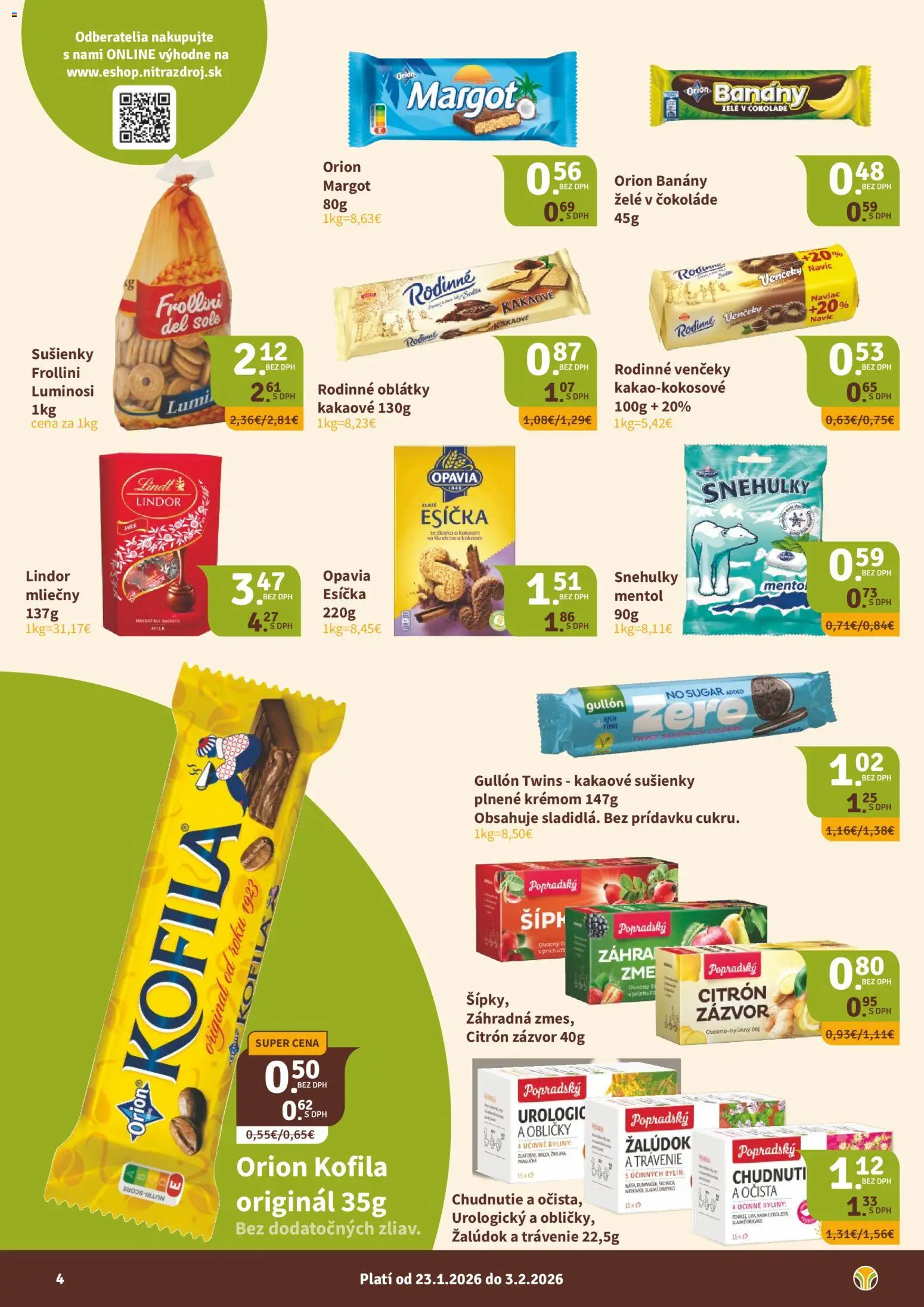 Nové Nitrazdroj akcie – leták je platný od 23.01.2026 | Strana: 4 | Produkty: Banány, Čaj, Lindor, Lindt