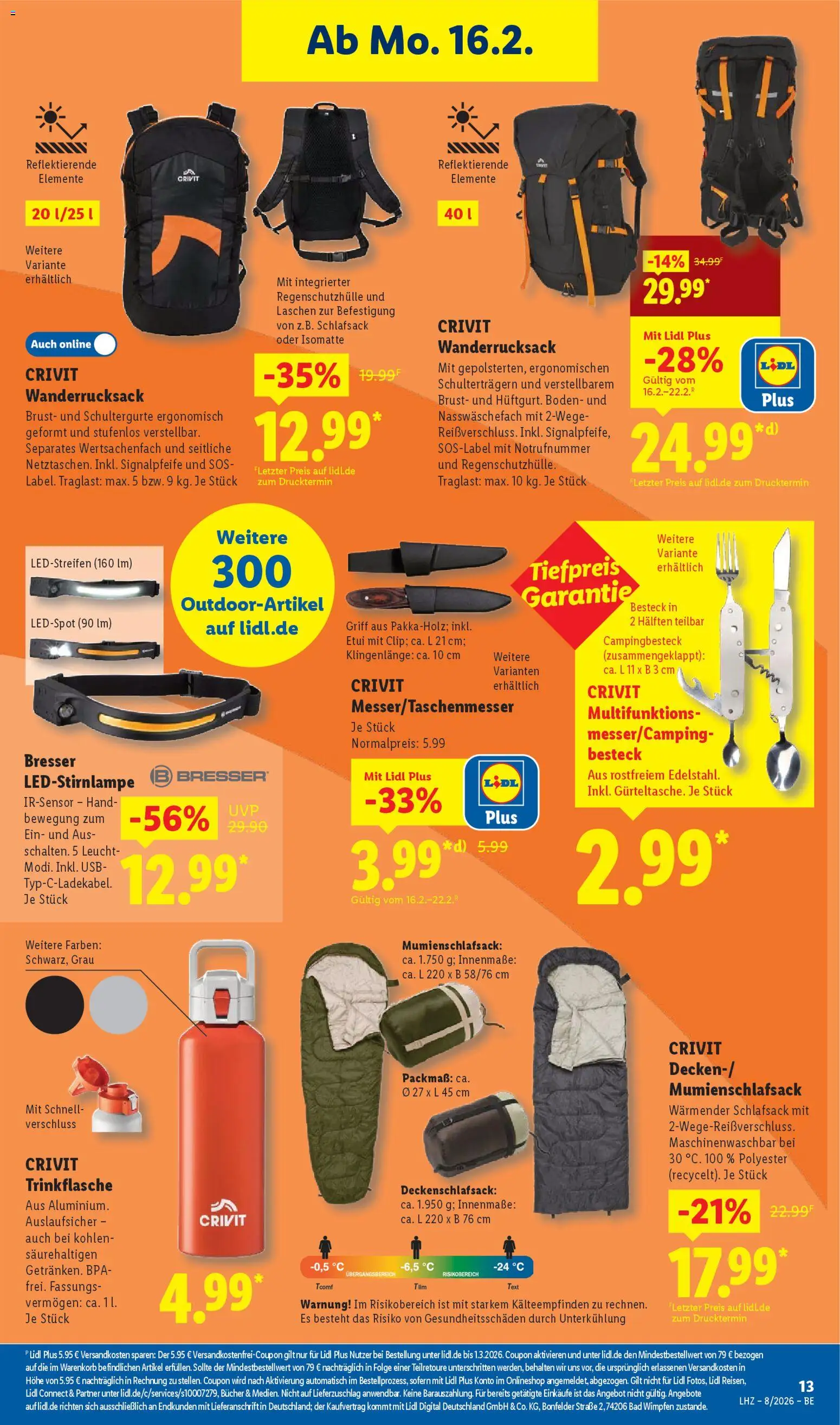 Lidl Prospekt Zossen – gültig ab 16.02.2026 | Seite: 29 | Produkte: USB, Bad, Schlafsack, Wanderrucksack