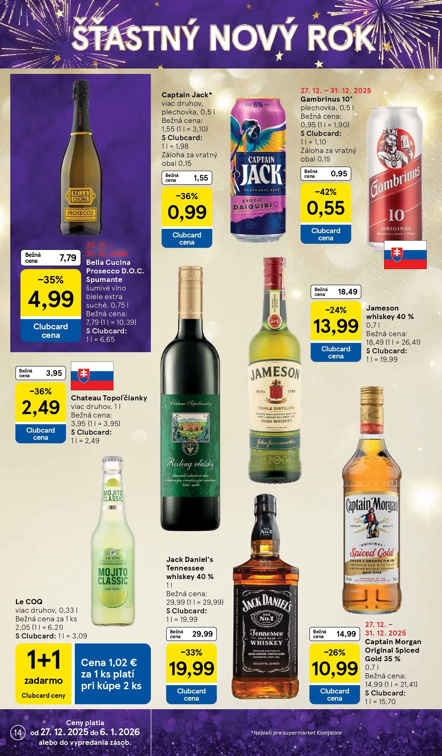 Nové Tesco akcie – leták je platný od 27.12.2025 | Strana: 14 | Produkty: Jameson, Prosecco, Captain Morgan, Šumivé víno