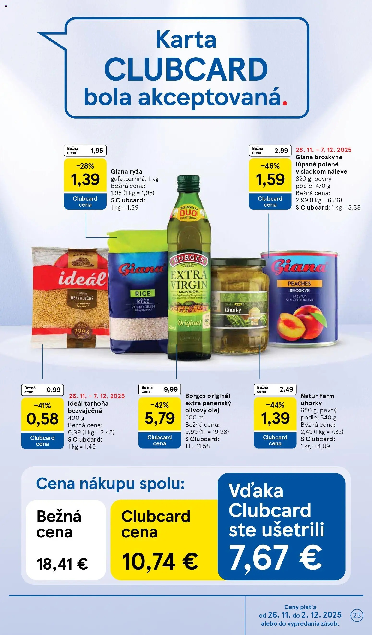 Nové Tesco akcie – leták je platný od 26.11.2025 | Strana: 23 | Produkty: Olej, Ryža, Olivový olej, Broskyne