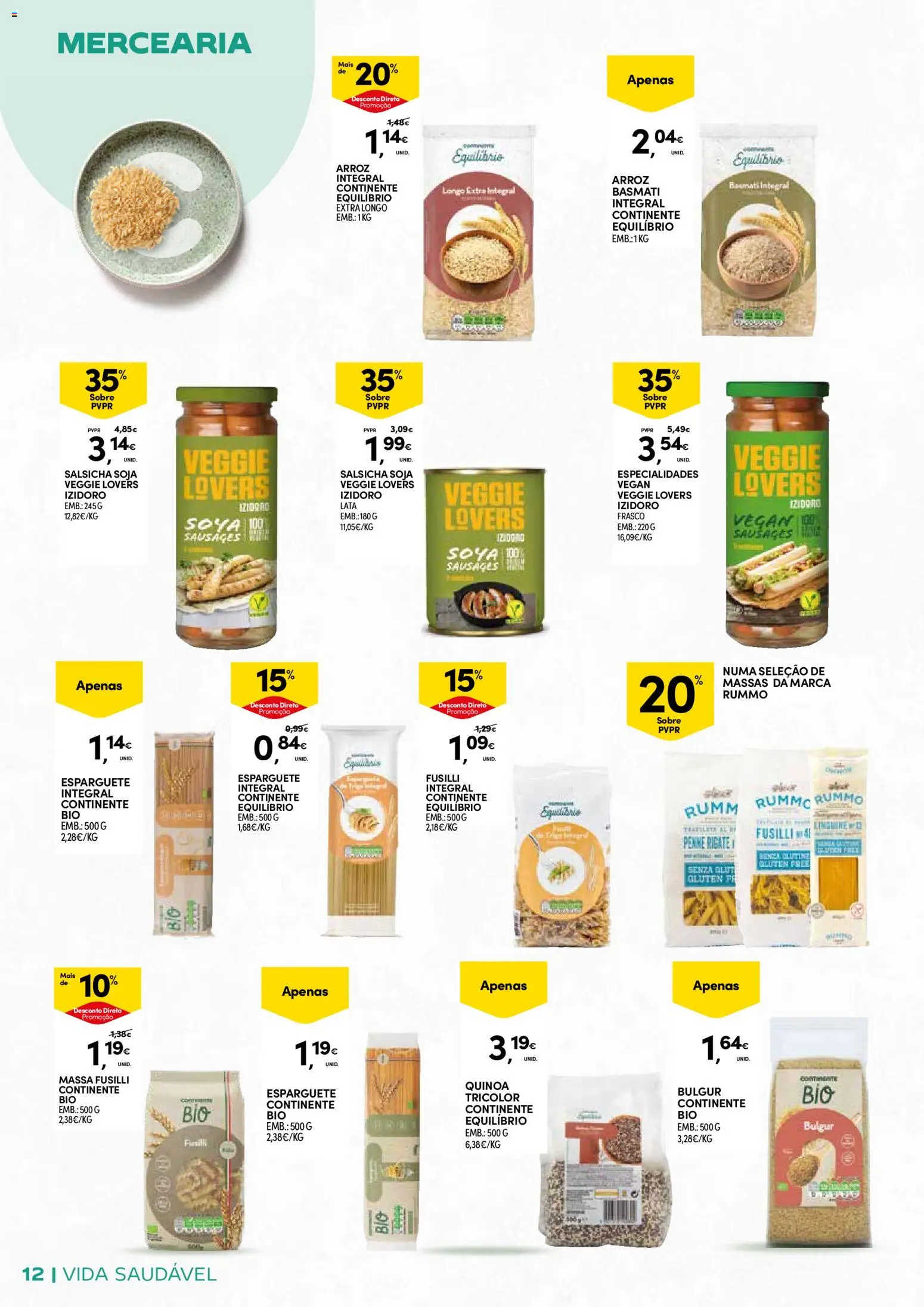 Continente - Açores: Vida Saudável │ válido de 20.01.2026 | Página: 12 | Produtos: Soja, Arroz basmati, Salsicha, Massa
