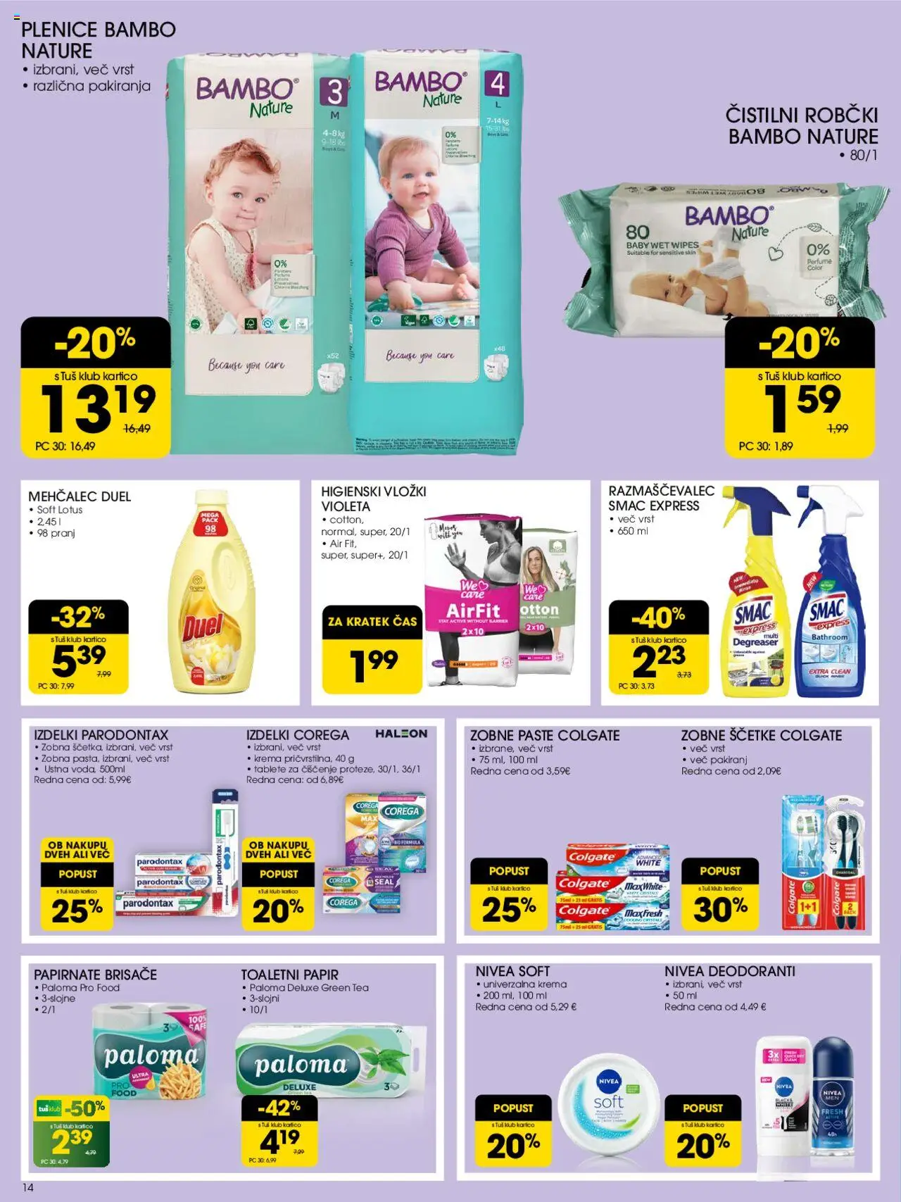 Tuš katalog │ velja od 06.08.2025 | Stran: 14 | Izdelki: Higienski vložki, Mehčalec, Toaletni papir, Papirnate brisače