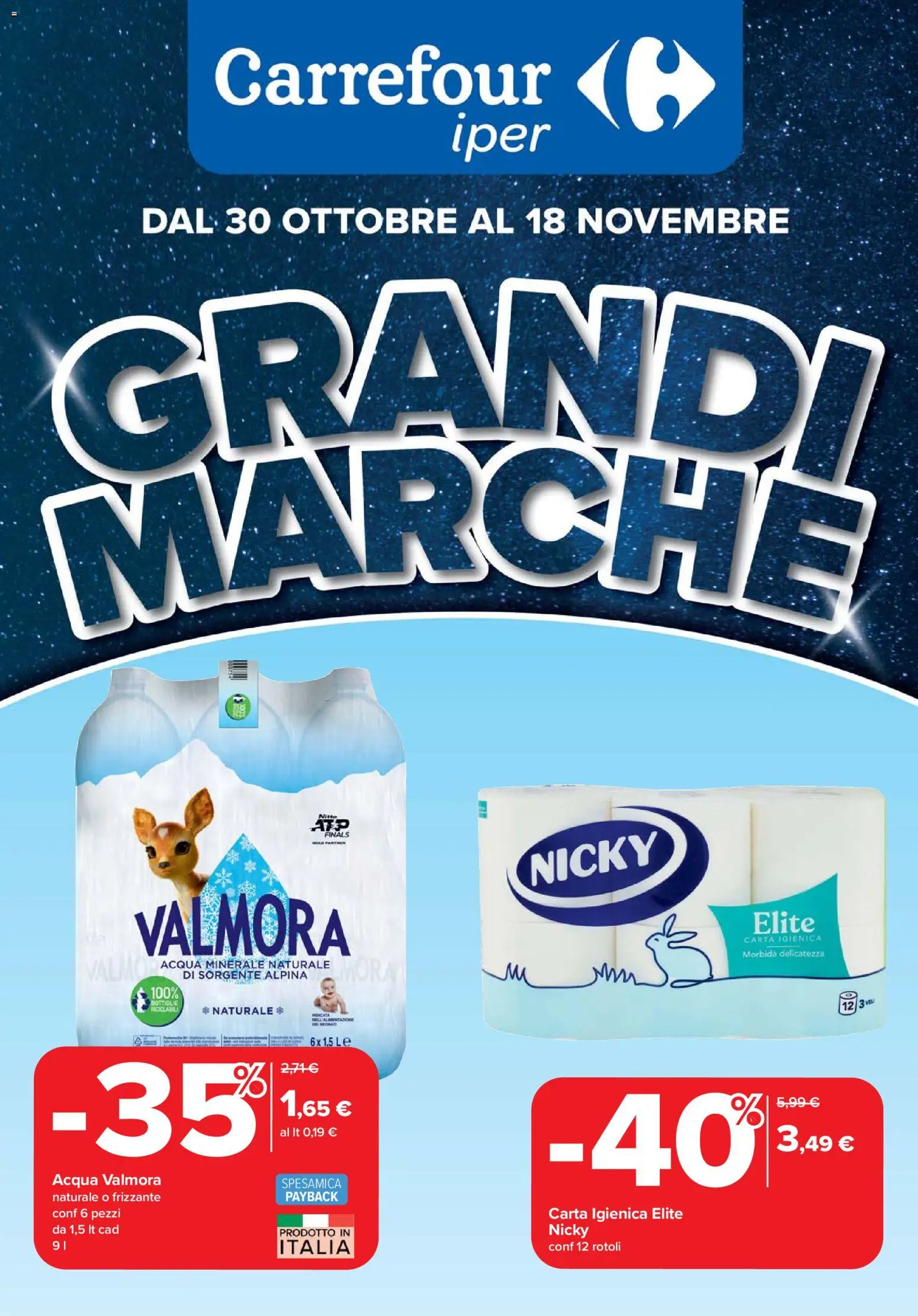 Volantino Carrefour del 30.10.2025 | Pagina: 1 | Prodotti: Carta igienica, Acqua, Acqua minerale