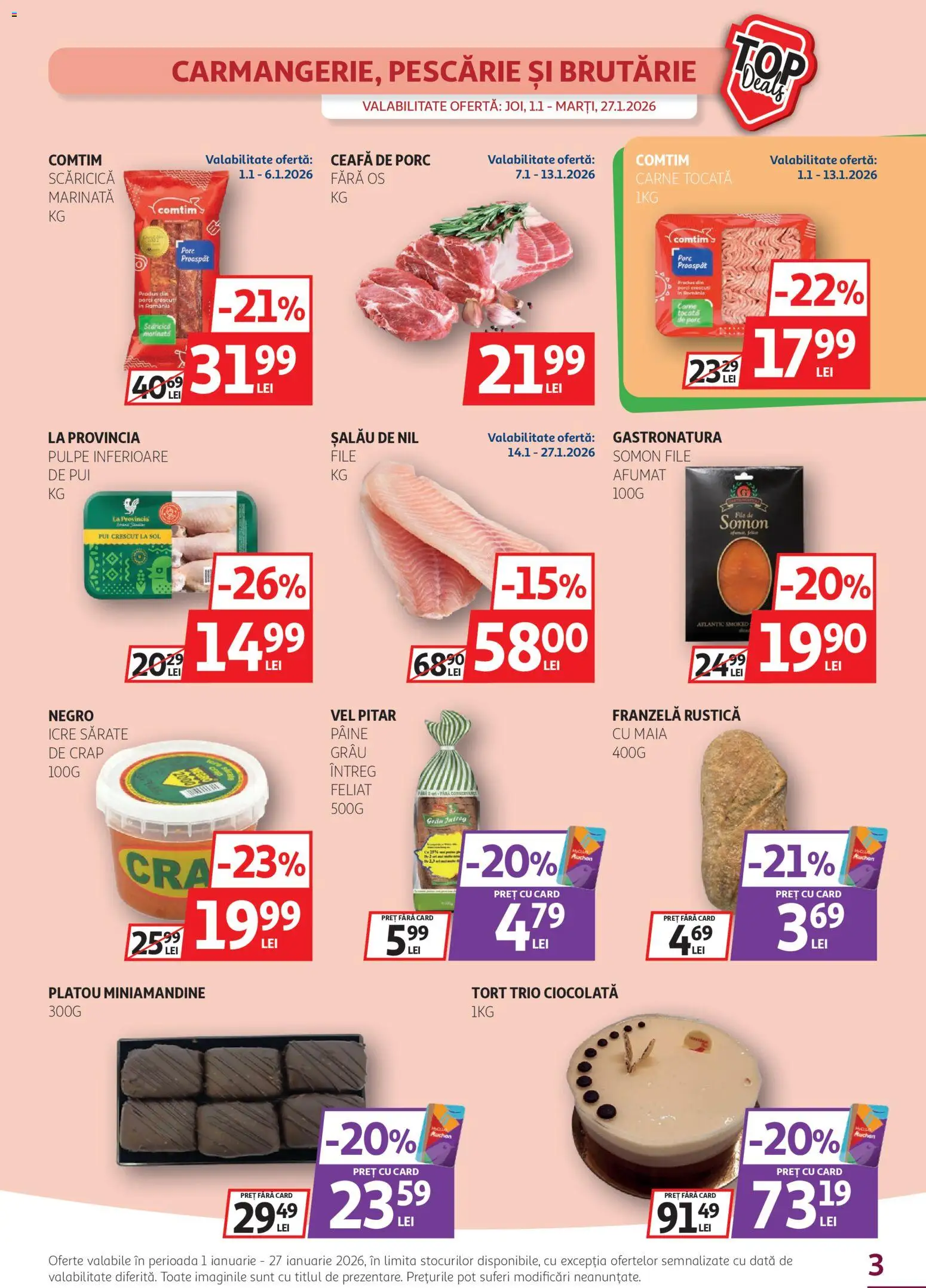 Noul catalog Auchan – valabil de la 01.01.2026 | Pagină: 3 | Produse: Keçeli kalem, Hacıyatmaz Kedi Oyuncağı, Pâine, Carne tocată