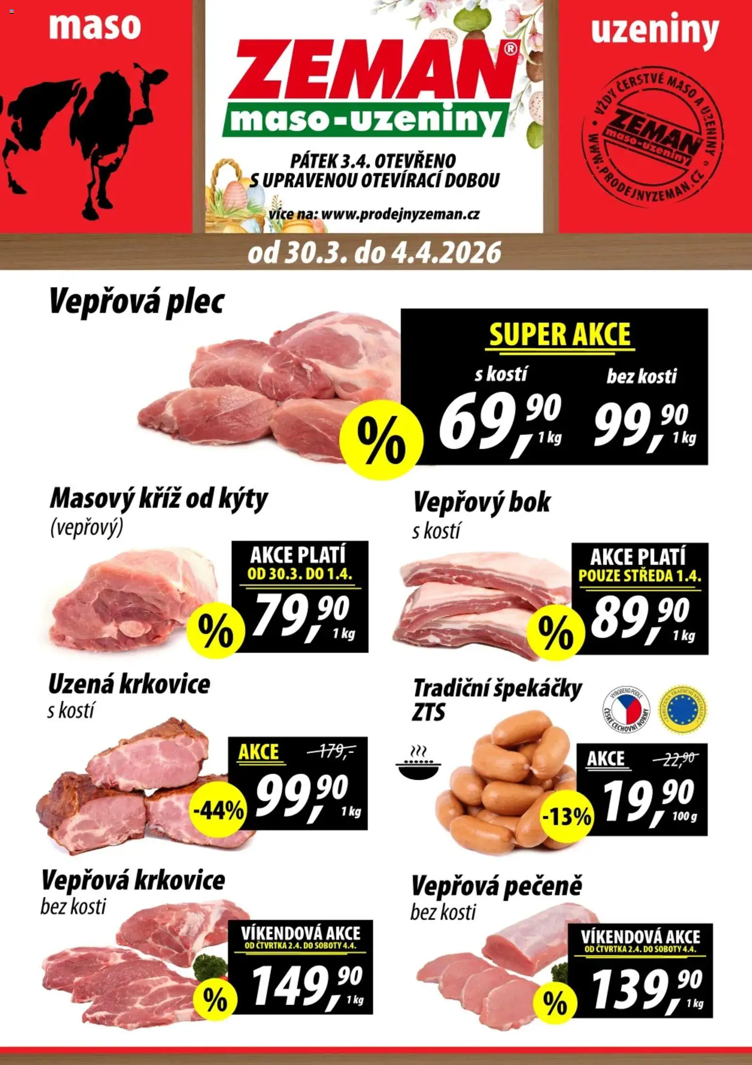 Prodejny Zeman leták od 30.03.2026 | Strana: 1 | Produkty: Vepřová pečeně, Maso, Vepřová plec, Vepřová krkovice