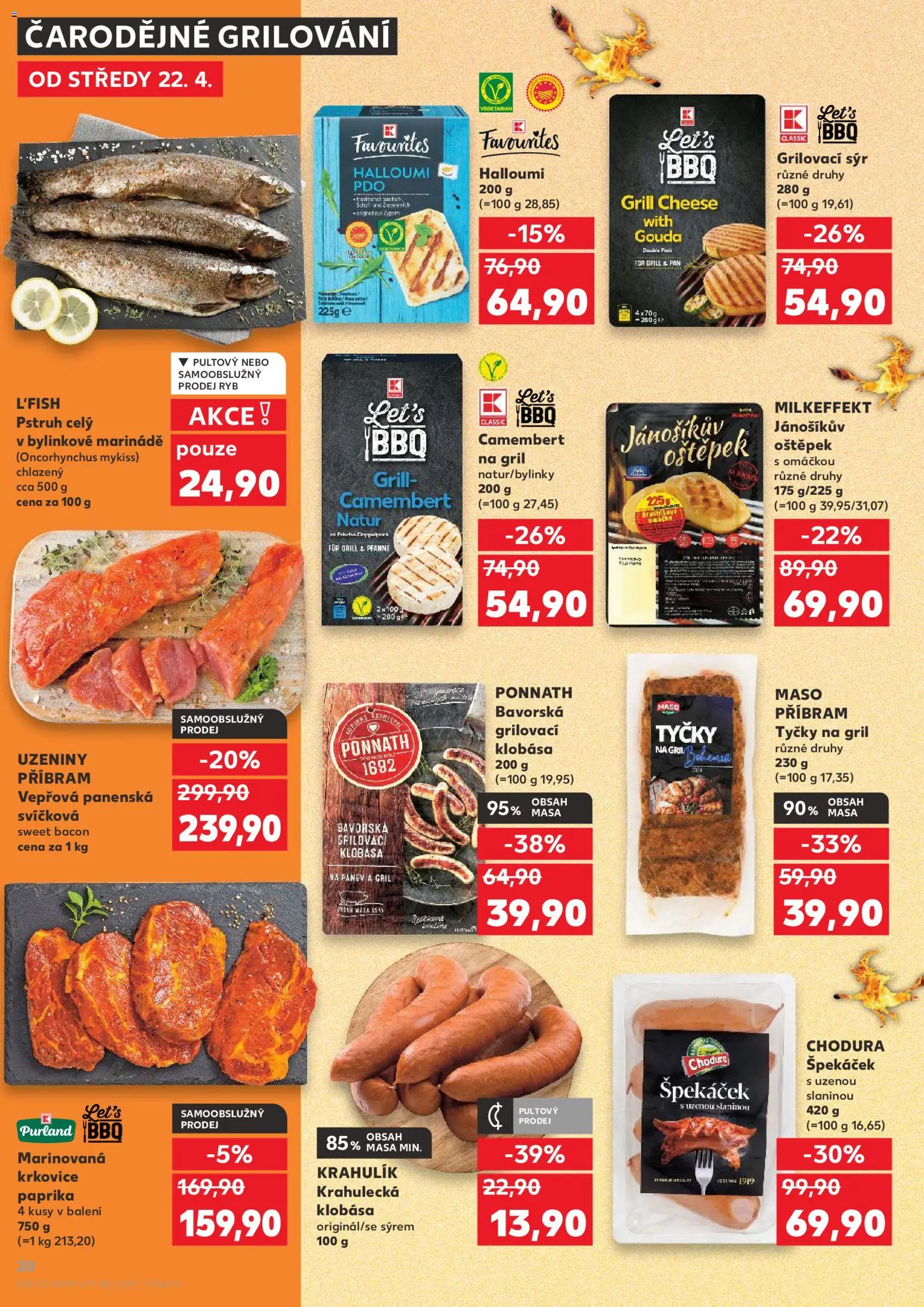 Kaufland leták - Brno od 22.04.2026 | Strana: 20 | Produkty: Klobása, Pstruh, Maso, Krkovice