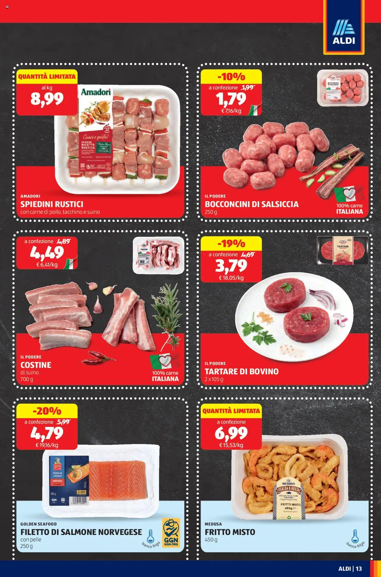 Volantino Aldi del 01.09.2025 | Pagina: 13 | Prodotti: Bovino, Suino, Tacchino, Spiedini