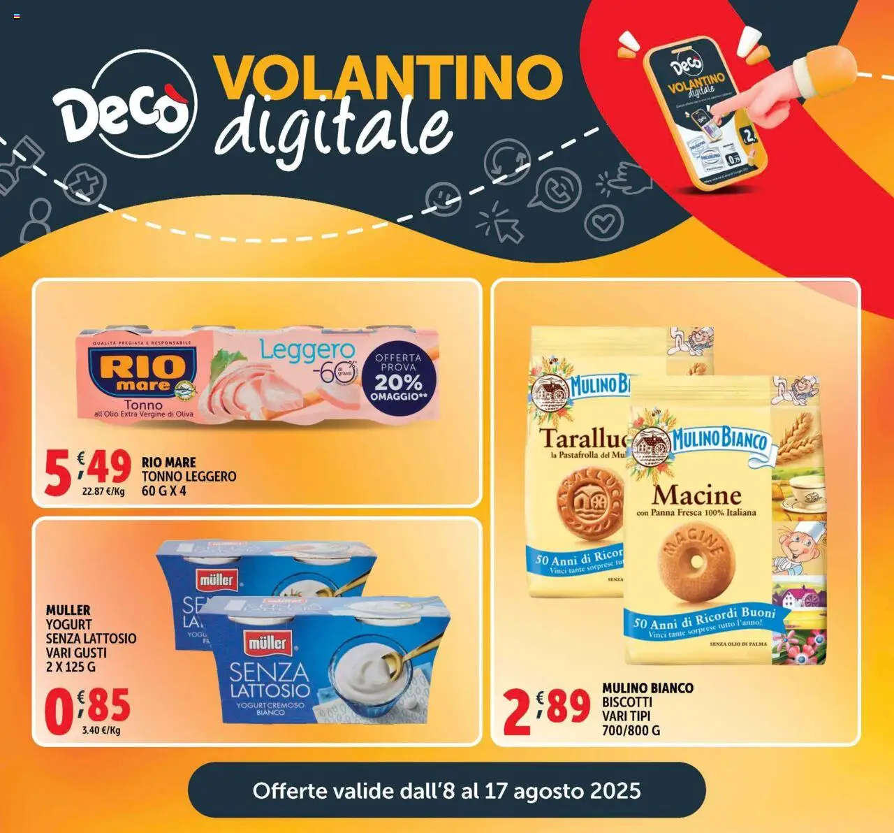 Volantino Decò del 08.08.2025 | Pagina: 21 | Prodotti: Yogurt, Panna, Biscotti, Tonno