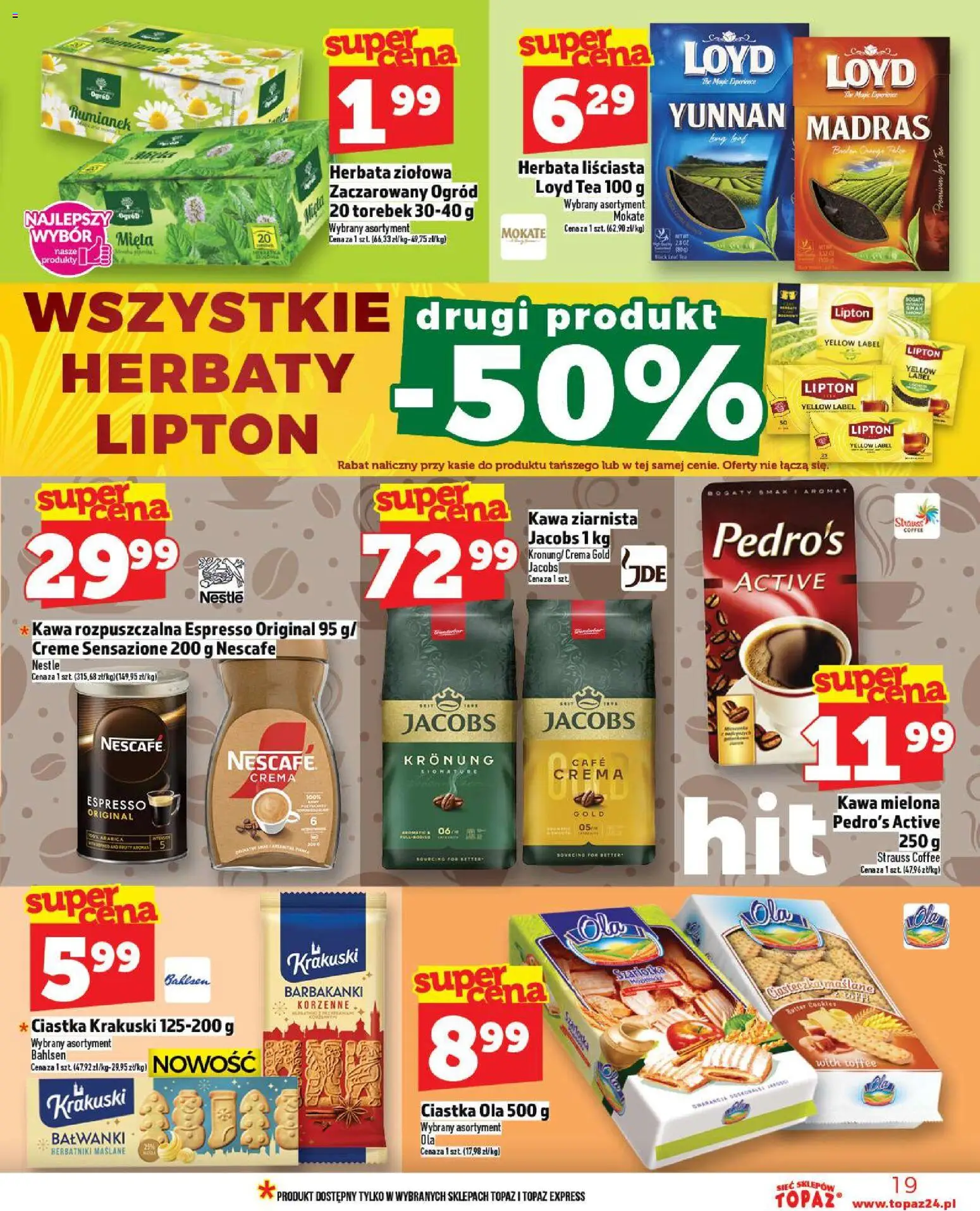 Topaz Gazetka MAZ od 20.11.2025 | Strona: 19 | Produkty: Nescafe, Kawa rozpuszczalna, Herbata, Ciastka