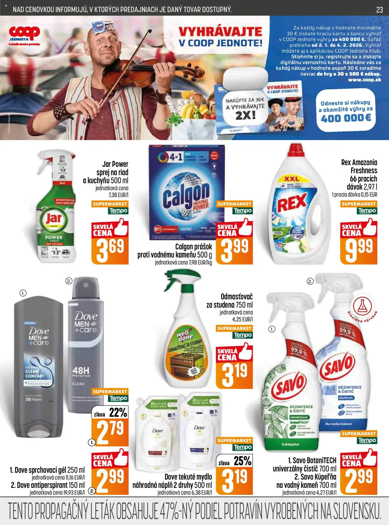 Nové COOP Jednota akcie – leták je platný od 15.01.2026 | Strana: 23 | Produkty: Savo, Mydlo, Antiperspirant, Jar