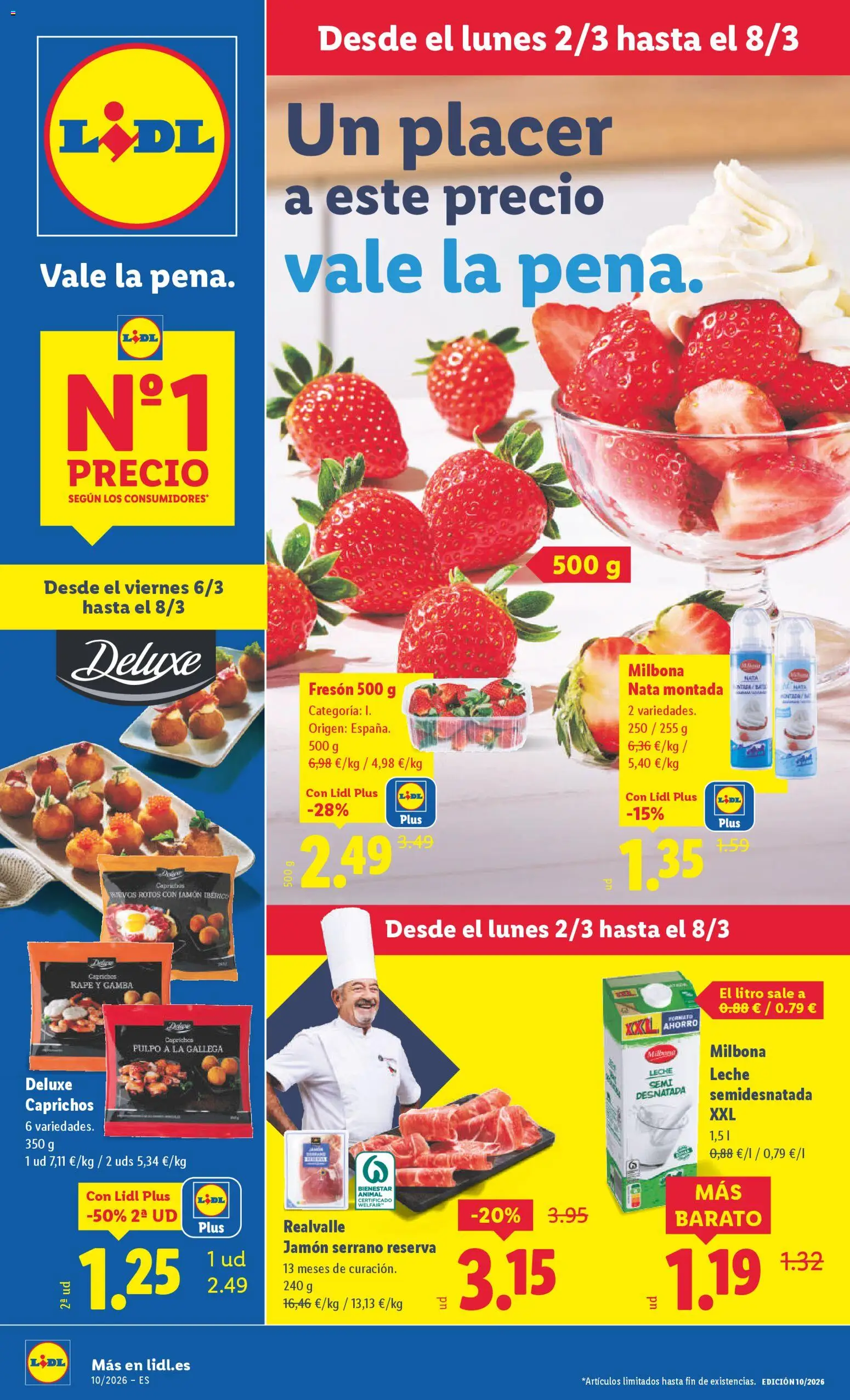 Lidl folleto │ válido desde el 02.03.2026 | Página: 1 | Productos: Jamón serrano, Leche, Jamón, Gamba