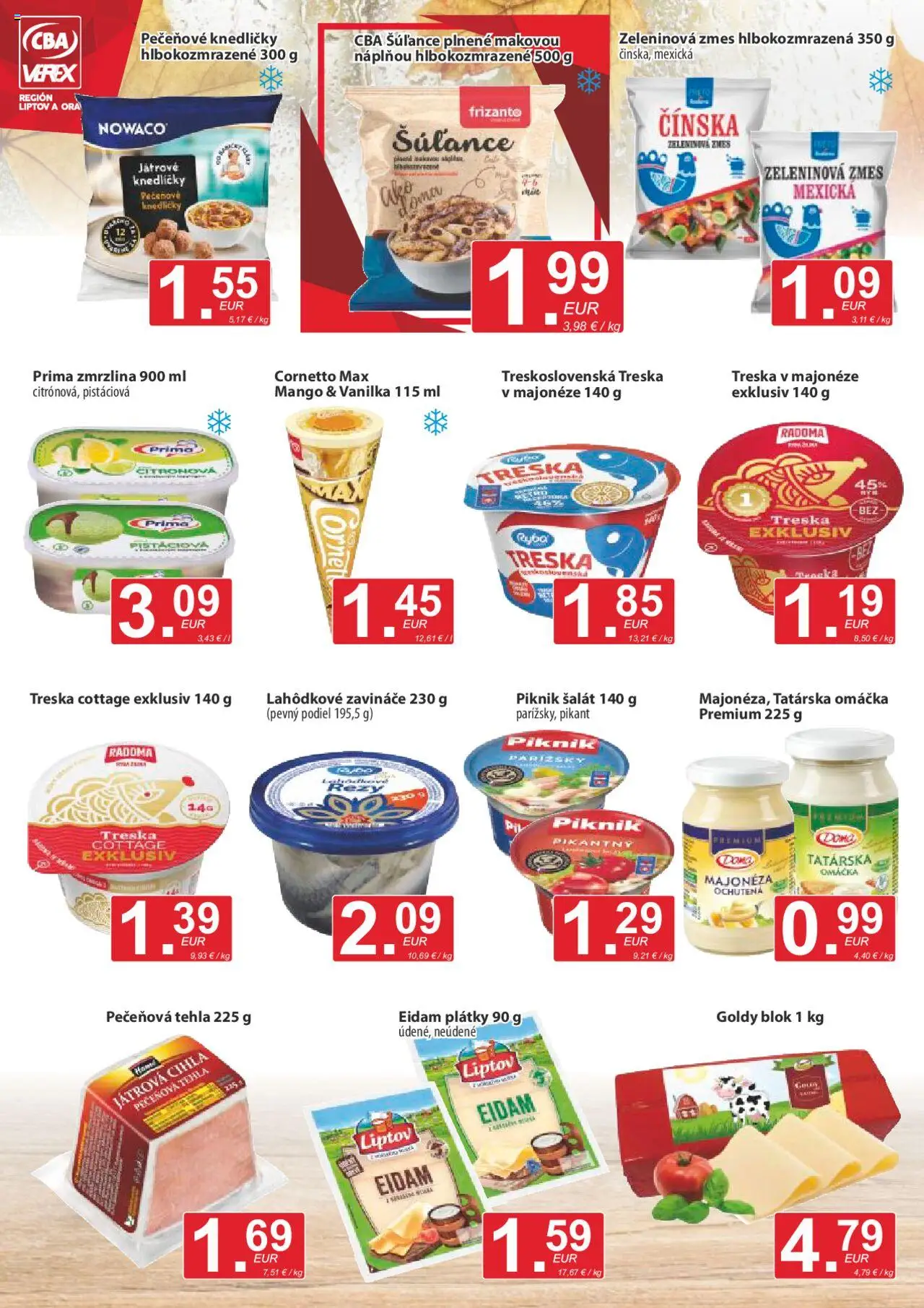 Nové CBA Verex akcie – leták je platný od 18.09.2025 | Strana: 4 | Produkty: Eidam, Zmrzlina, Tatárska omáčka, Treska