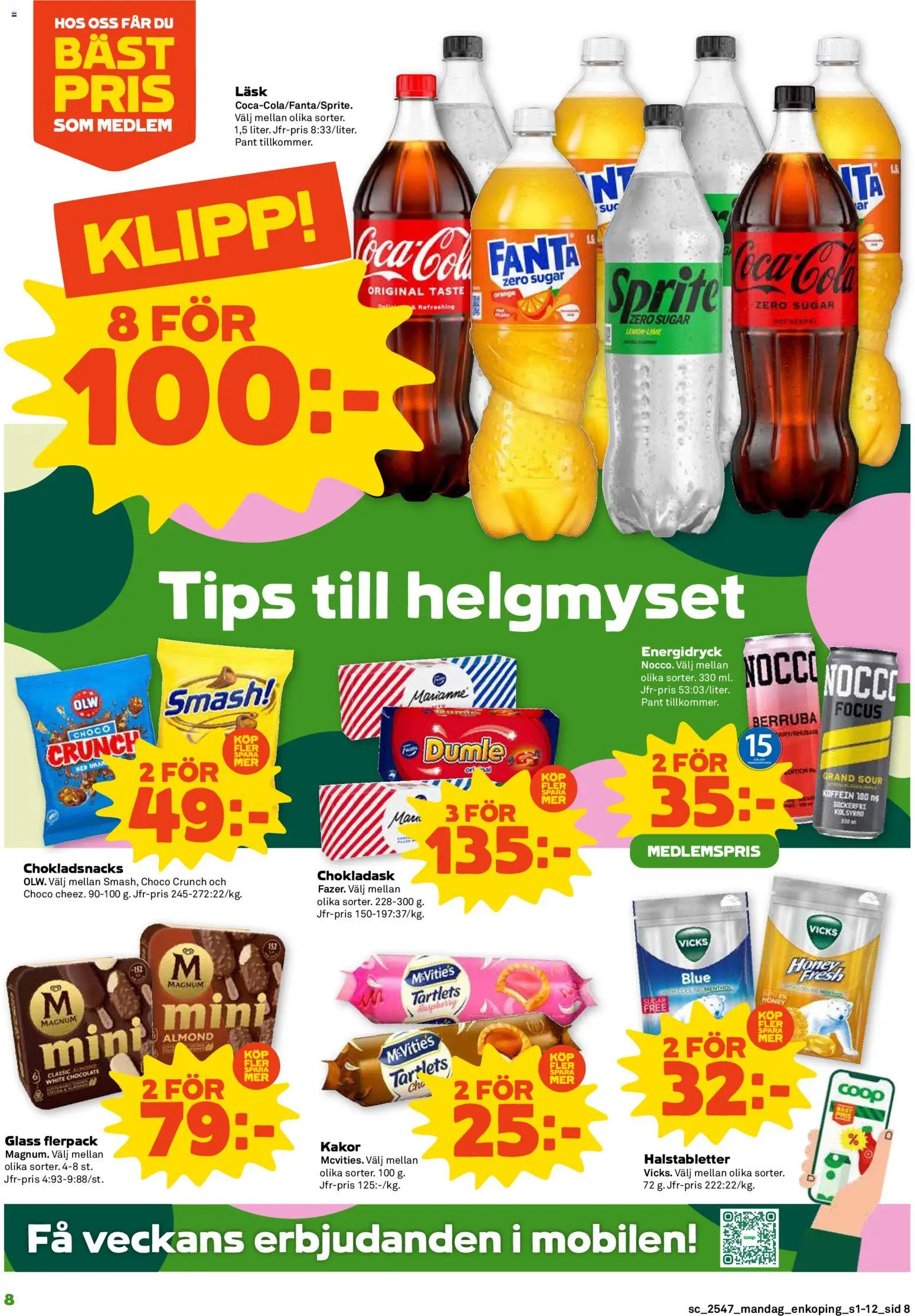 Stora Coop reklamblad aktuell från 17.11.2025 | Sida: 8 | Produkter: Halstabletter, Fanta, Energidryck, Glass