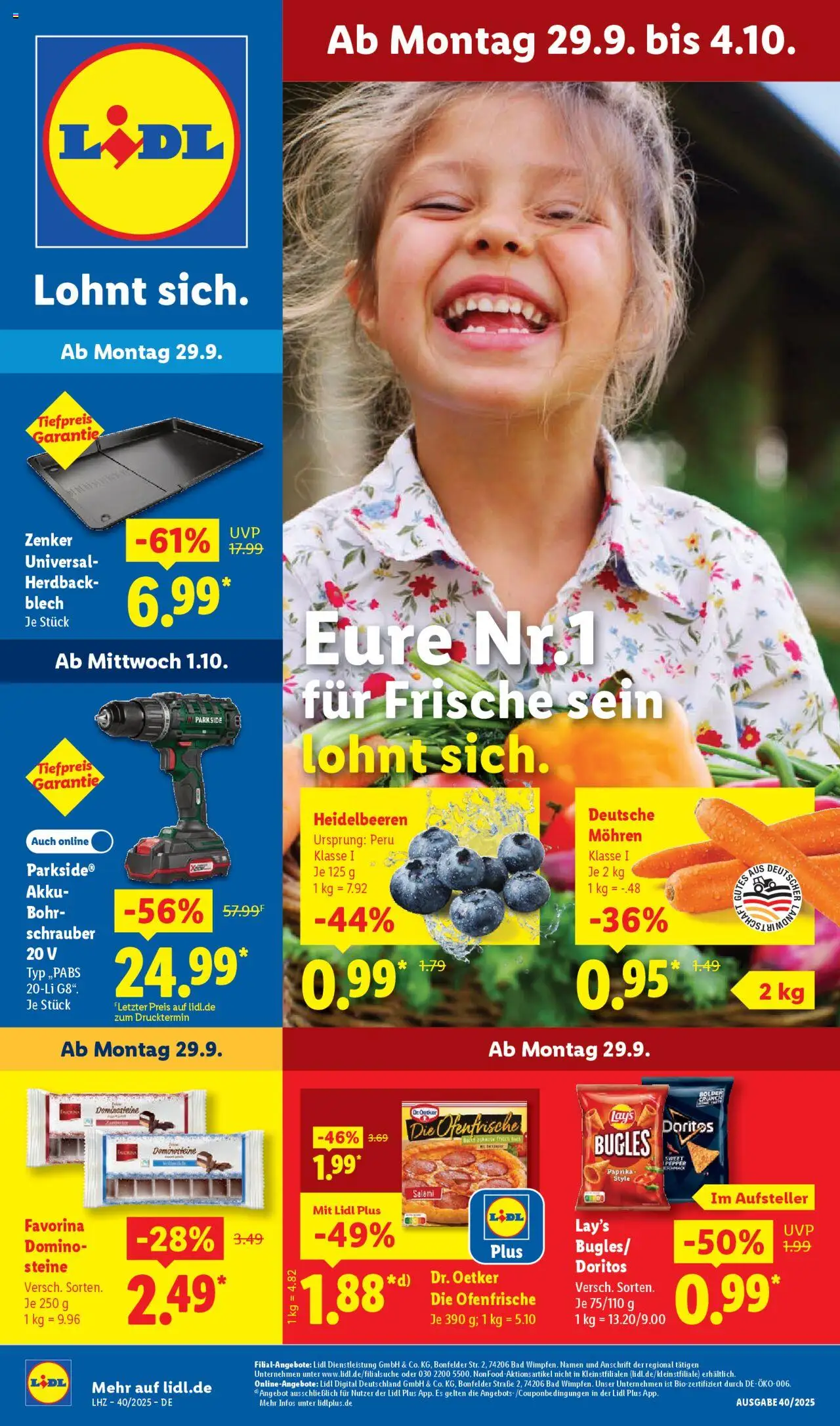 Lidl Prospekt 	 – gültig ab 29.09.2025 | Seite: 1 | Produkte: Ofenfrische, Mohren, Heidelbeeren, Paprika