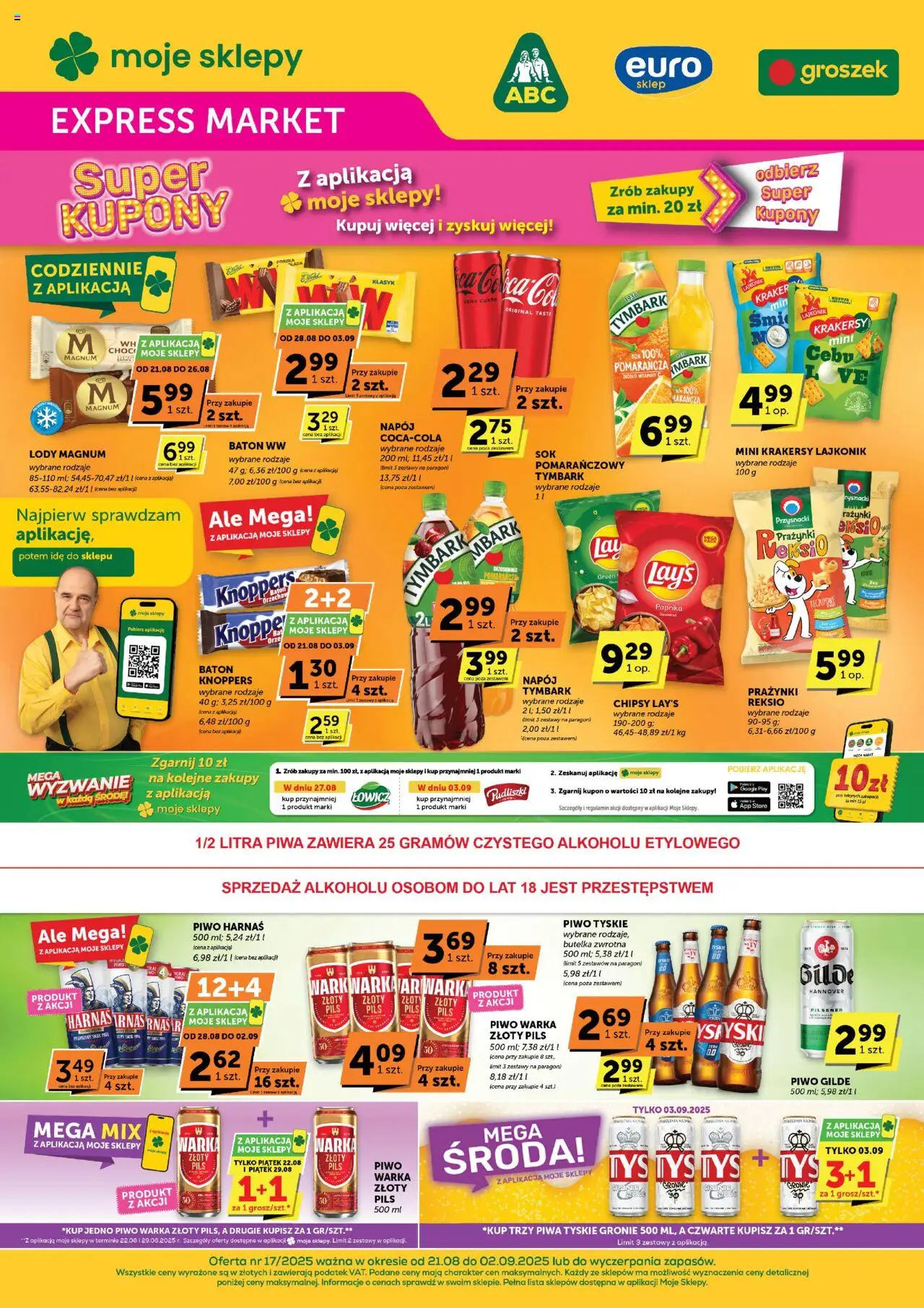 Euro Sklep Gazetka - Expressmarket od 21.08.2025 | Strona: 1 | Produkty: Groszek, Baton, Tyskie, Sok