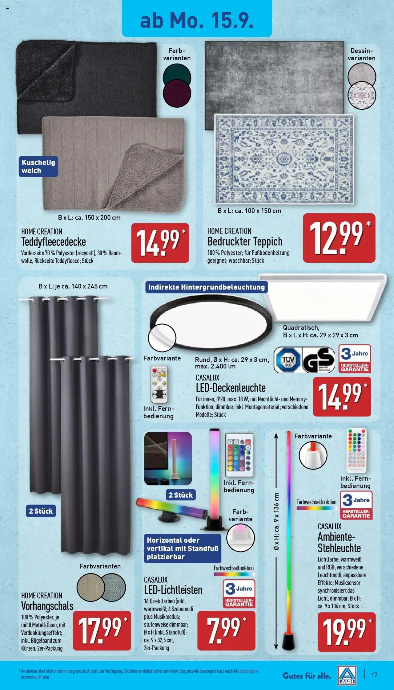 Aldi - ALDI Nord: Wochenangebote – gültig ab 14.09.2025 | Seite: 17 | Produkte: Teppich, Nachtlicht, Home creation