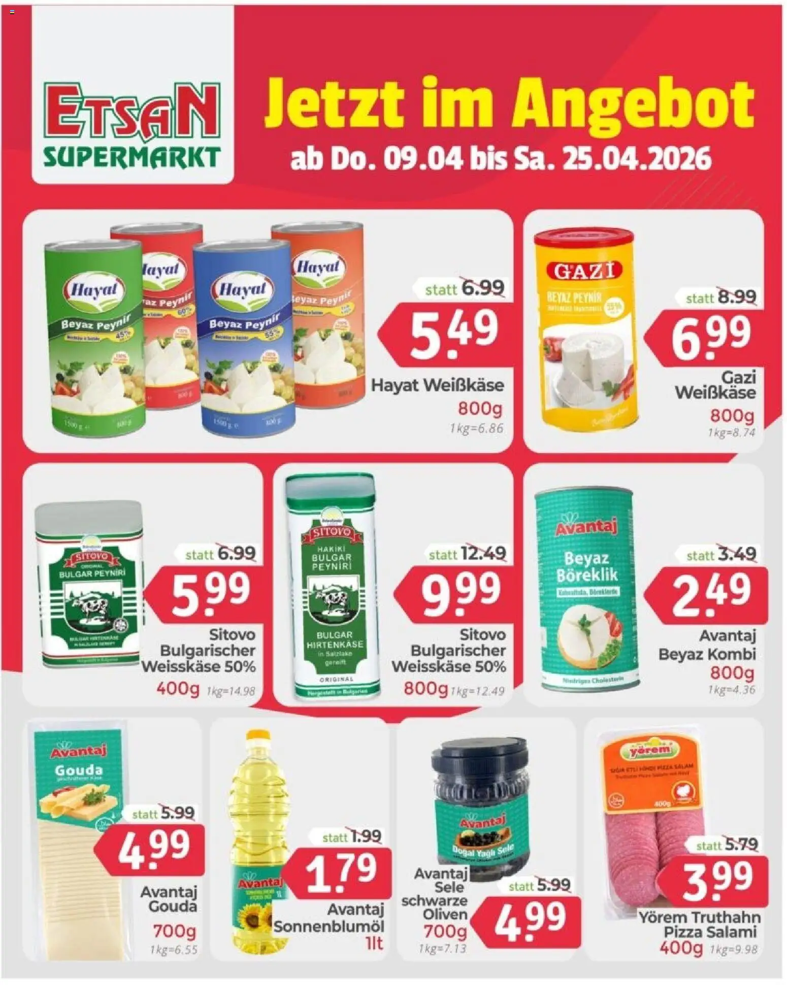 ETSAN Flugblatt gültig ab 09.04.2026 | Seite: 1 | Produkte: Szeder, Salami, Pizza