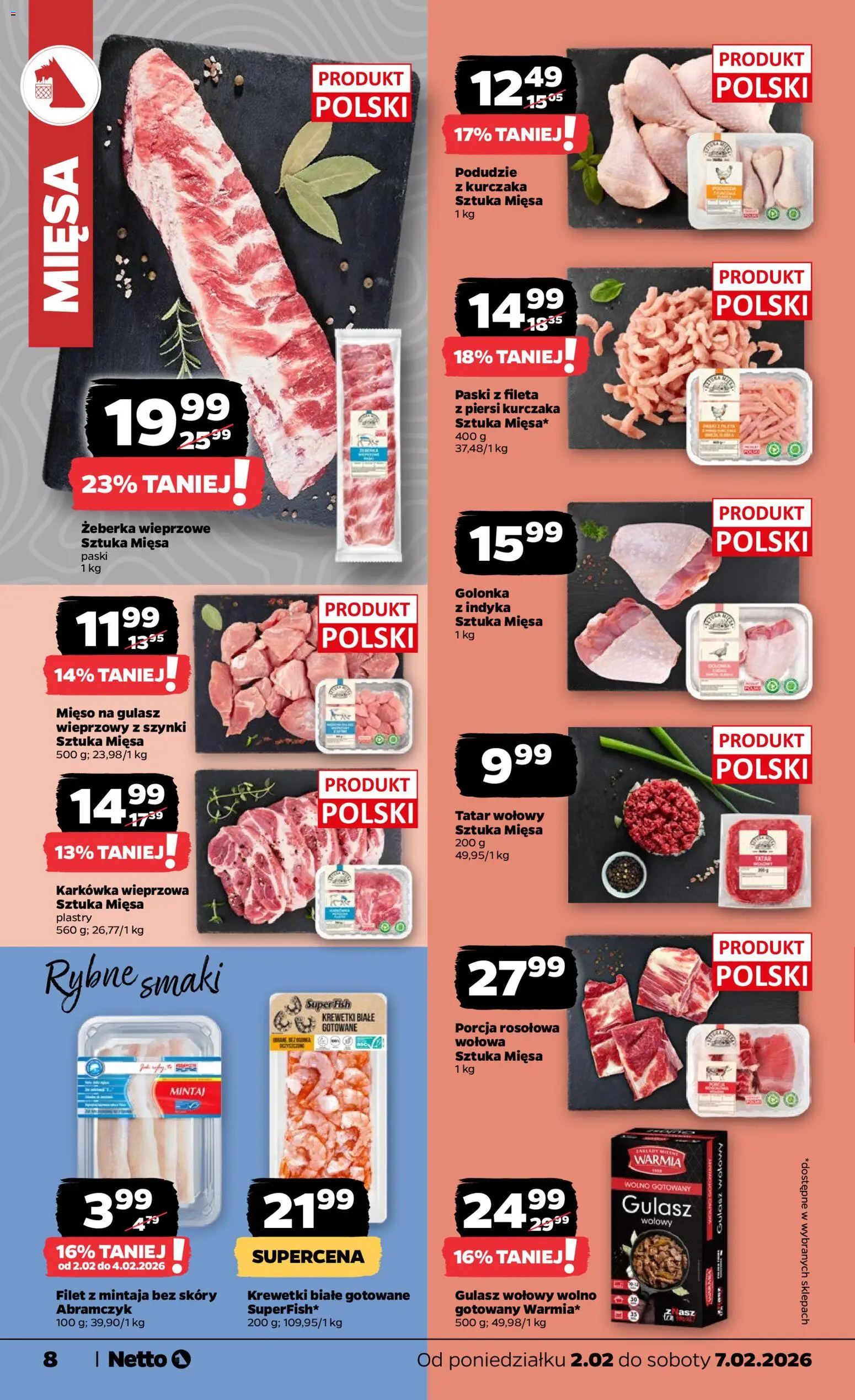 Netto gazetka - Spożywcza od 02.02.2026 | Strona: 8 | Produkty: Karkówka, Karkówka wieprzowa, Krewetki białe, Mięso na gulasz