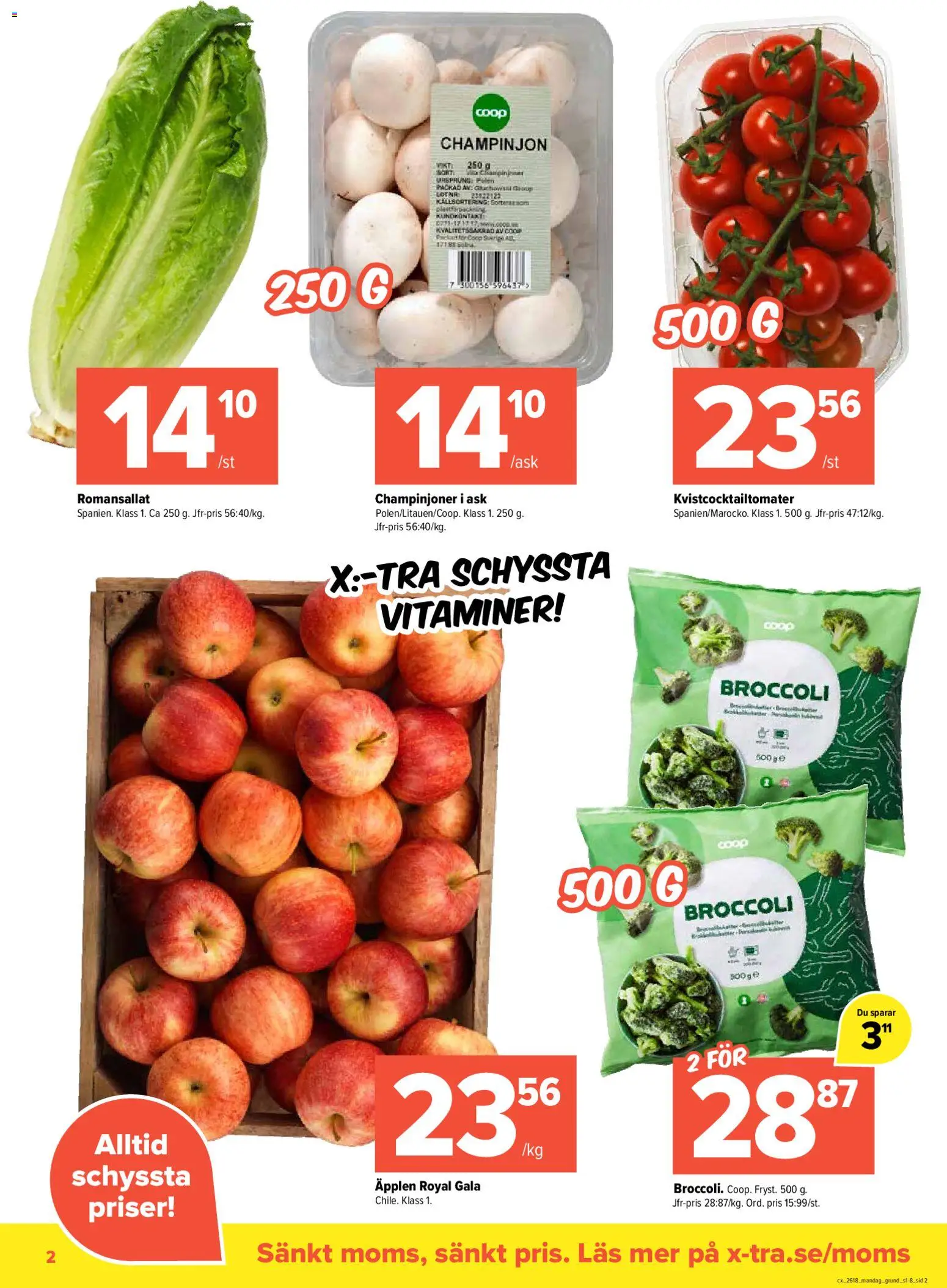 Coop X:-TRA reklamblad aktuell från 27.04.2026 | Sida: 2 | Produkter: Champinjoner, Äpplen, Broccoli
