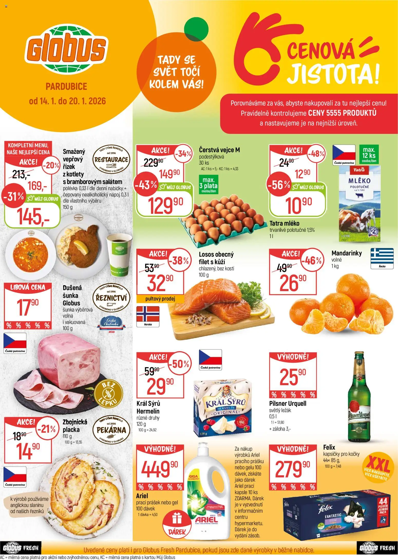 Globus leták - Pardubice od 14.01.2026 | Strana: 1 | Produkty: Hermelín, Ariel, Pilsner Urquell, Prací Prášek