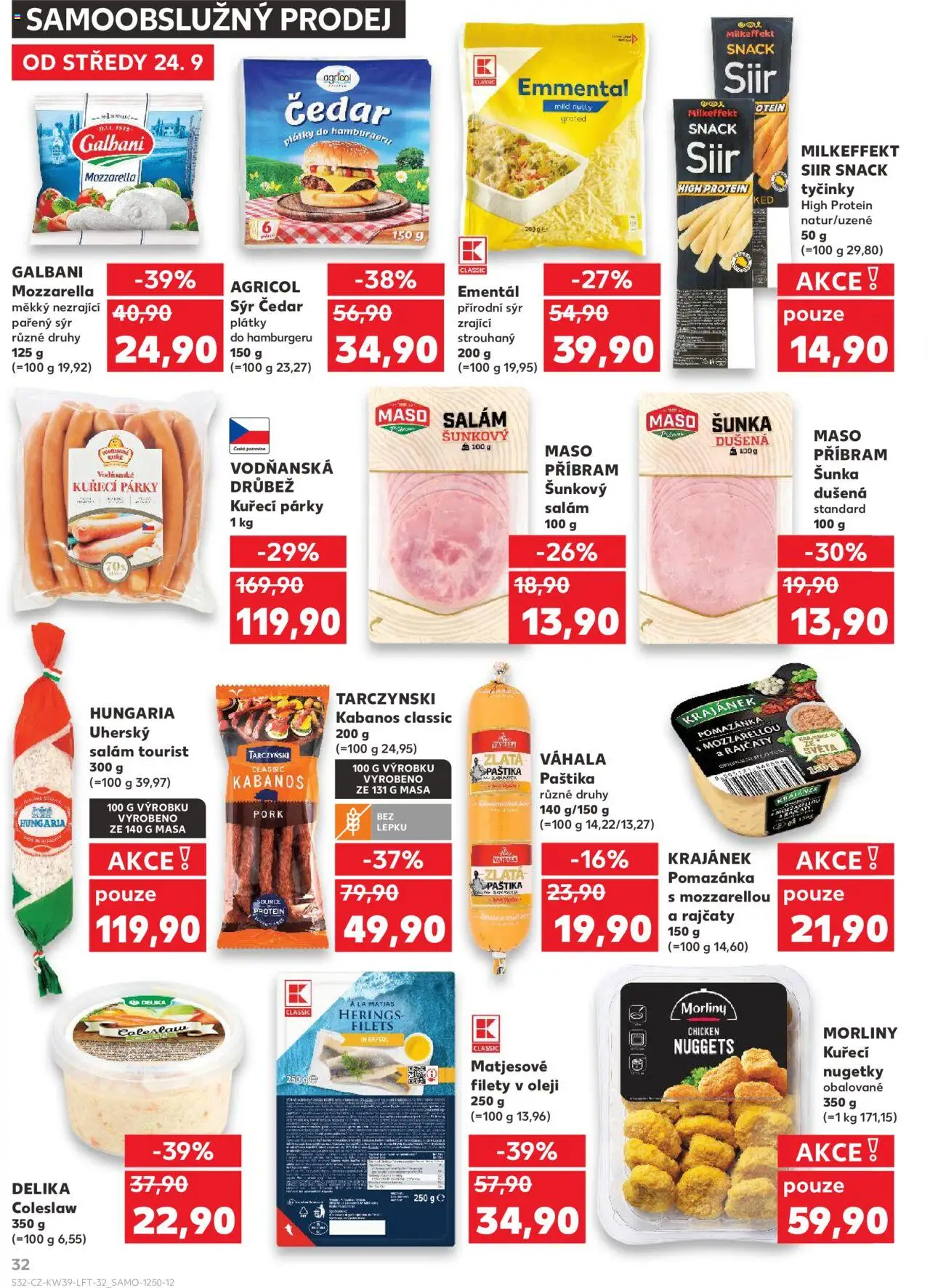 Kaufland leták od 24.09.2025 | Strana: 32 | Produkty: Párky, Kuřecí nugetky, Kabanos, Paštika