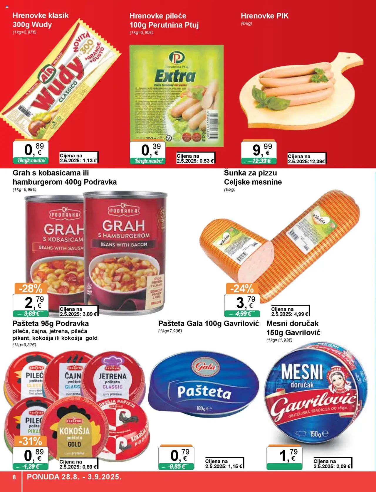 KTC katalog | vrijedi od 28.08.2025 | Stranica: 8 | Proizvodi: Šunka, Hrenovke, Podravka, Mesni doručak
