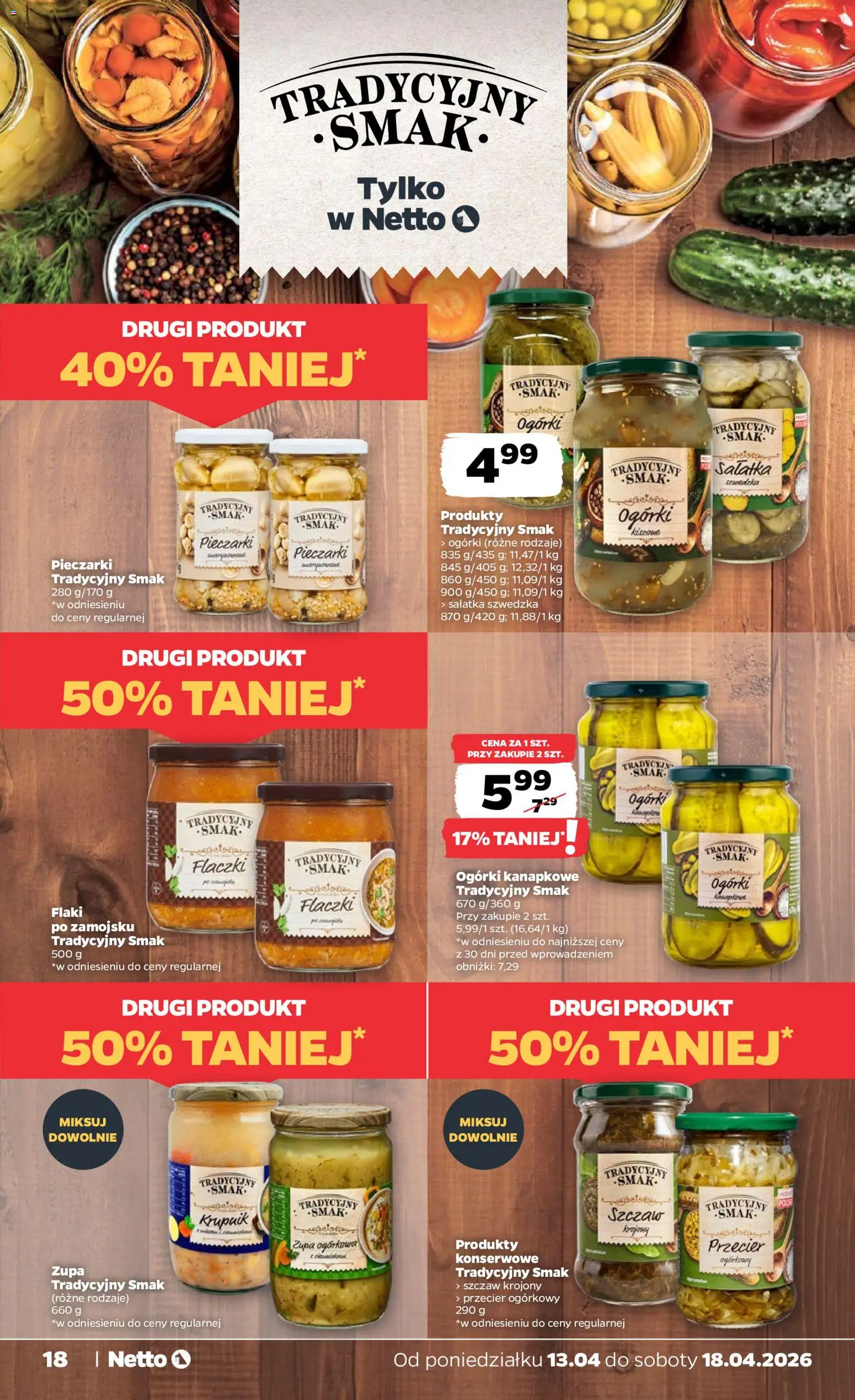 Netto gazetka od poniedziałku spożywcza od 13.04.2026 | Strona: 18 | Produkty: Sałatka szwedzka, Flaki, Zupa, Sałatka