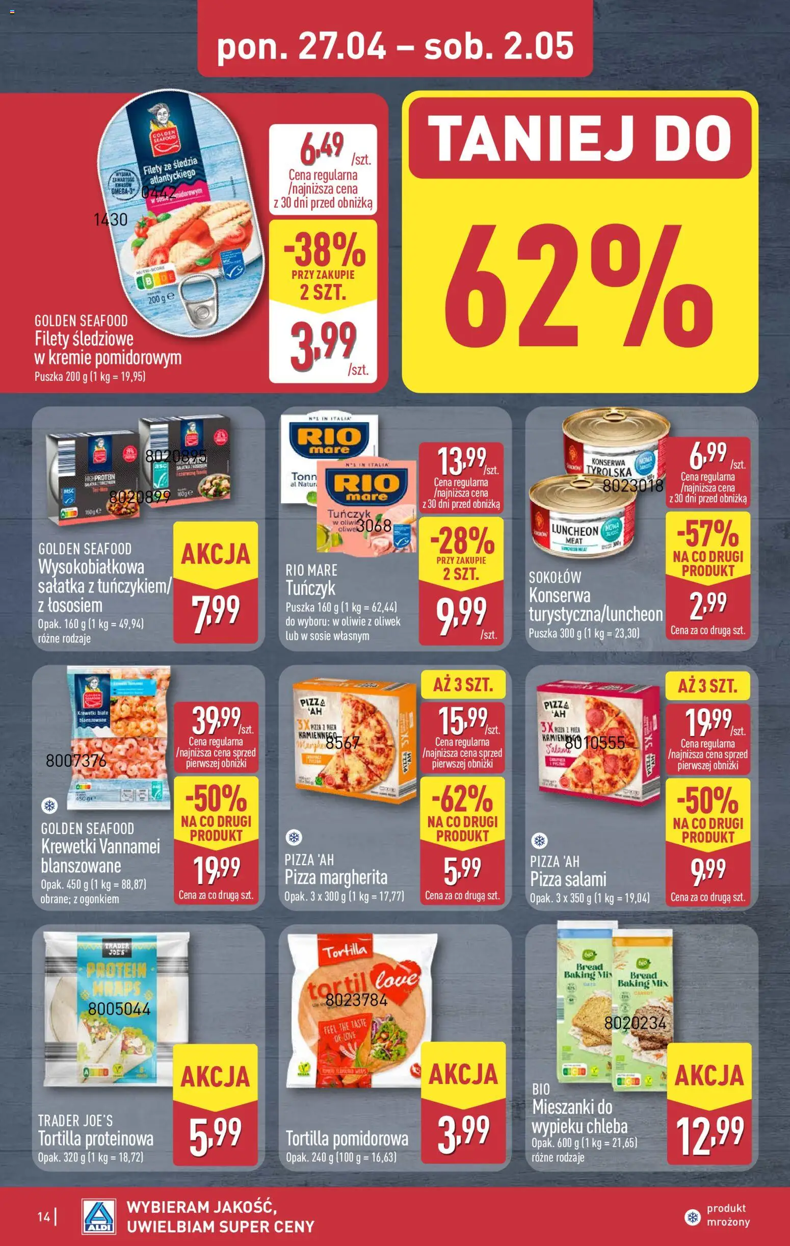 Aldi gazetka od 27.04.2026 | Strona: 14 | Produkty: Salami, Krewetki vannamei, Pizza, Sałatka
