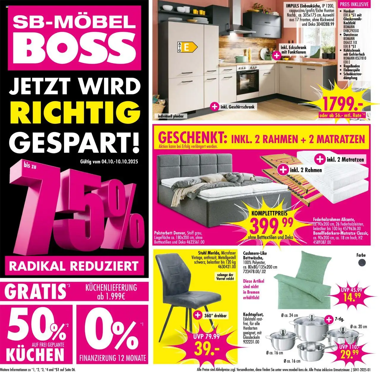 SB Möbel Boss Prospekt Neubrandenburg – gültig ab 04.10.2025 | Seite: 1 | Produkte: Polsterbett, Stuhl, Kühlschrank, Kochfeld