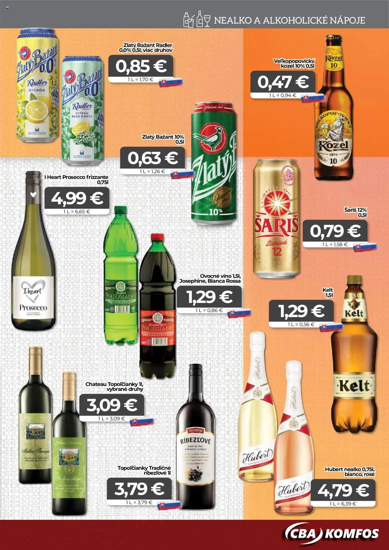 CBA Komfos leták │ platný od 20.06.2025 | Strana: 13 | Produkty: Prosecco, Radler, Zlatý Bažant, Šariš