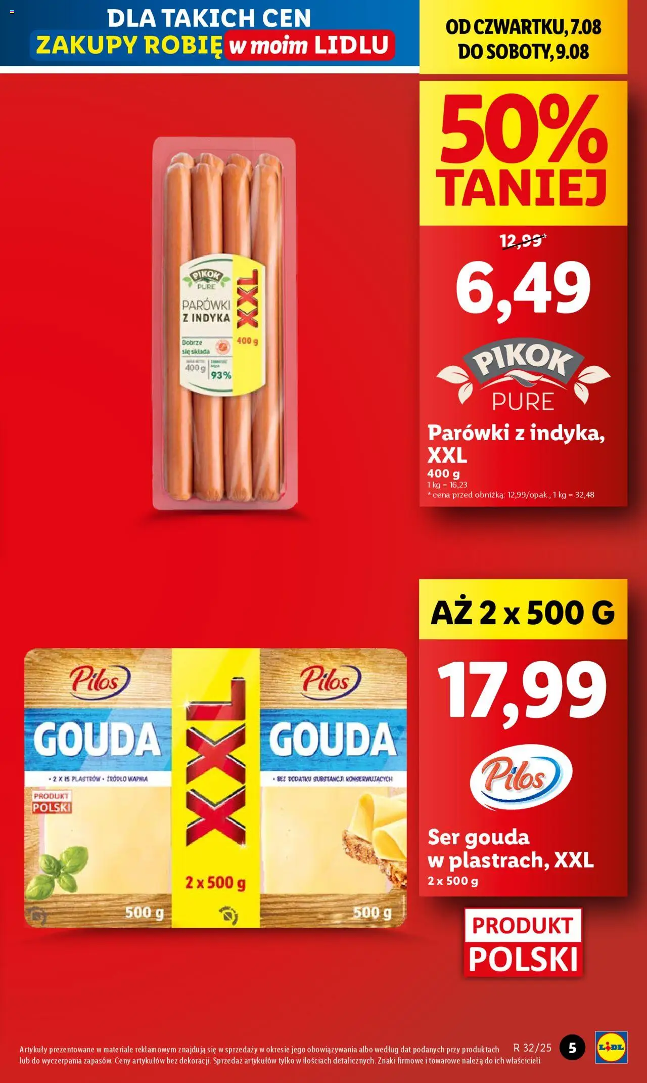 Lidl Gazetka od 07.08.2025 | Strona: 5 | Produkty: Parówki, Parówki z indyka, Ser, Ser gouda