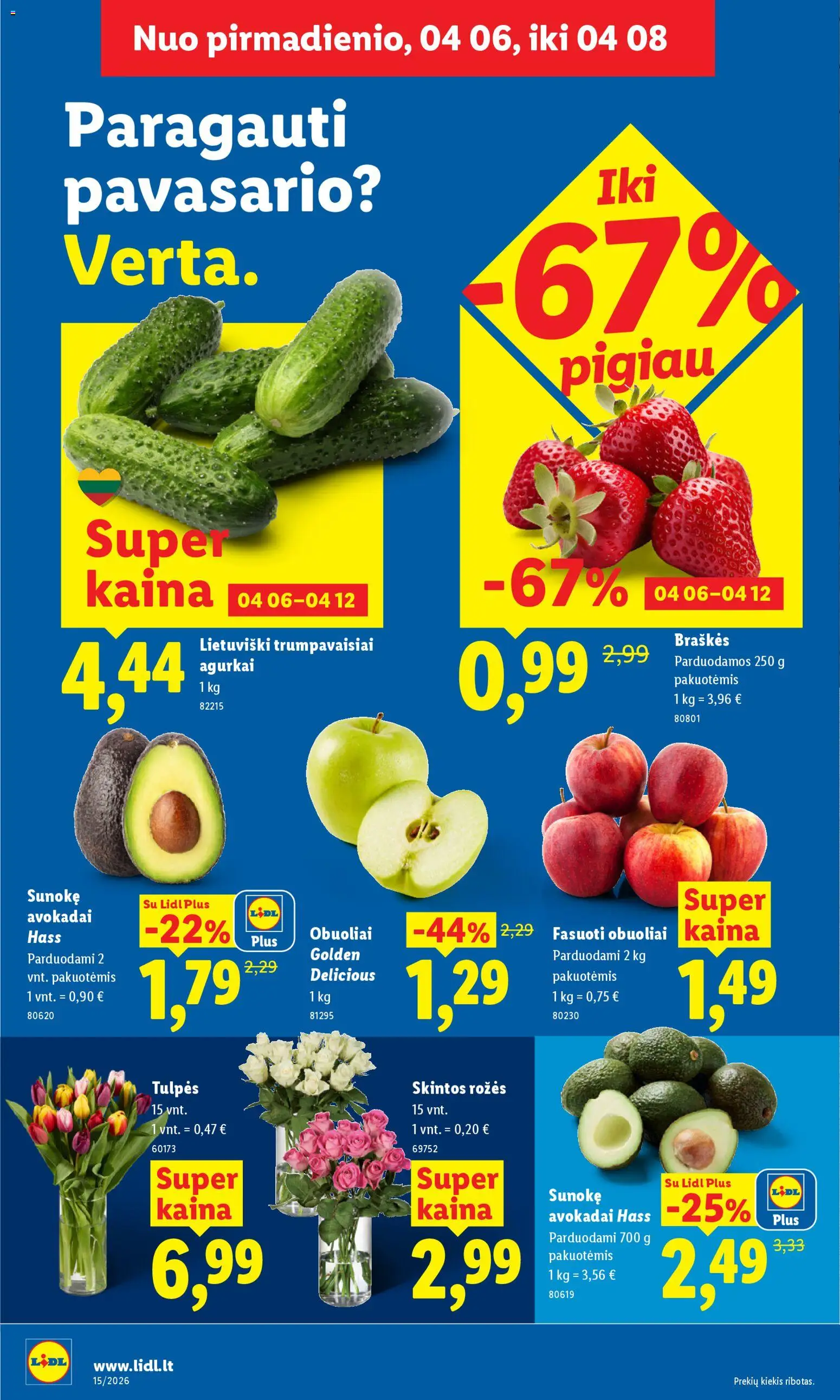 LIDL akcijos nuo 06.04.2026 | Puslapis: 4 | Prekių: Agurkai, Avokadai, Obuoliai, Braškės