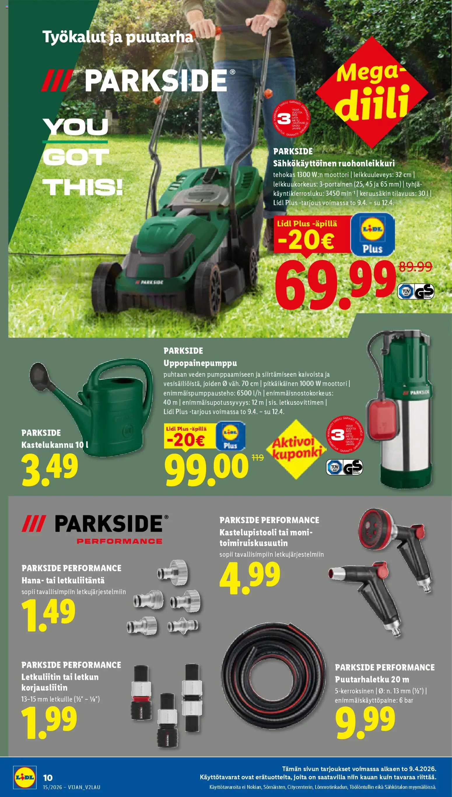 Lidl tarjoukset - Rovaniemi – voimassa 09.04.2026 alkaen | Sivu: 16 | Tuotteet: Puutarhaletku, Ruohonleikkuri, Kastelukannu